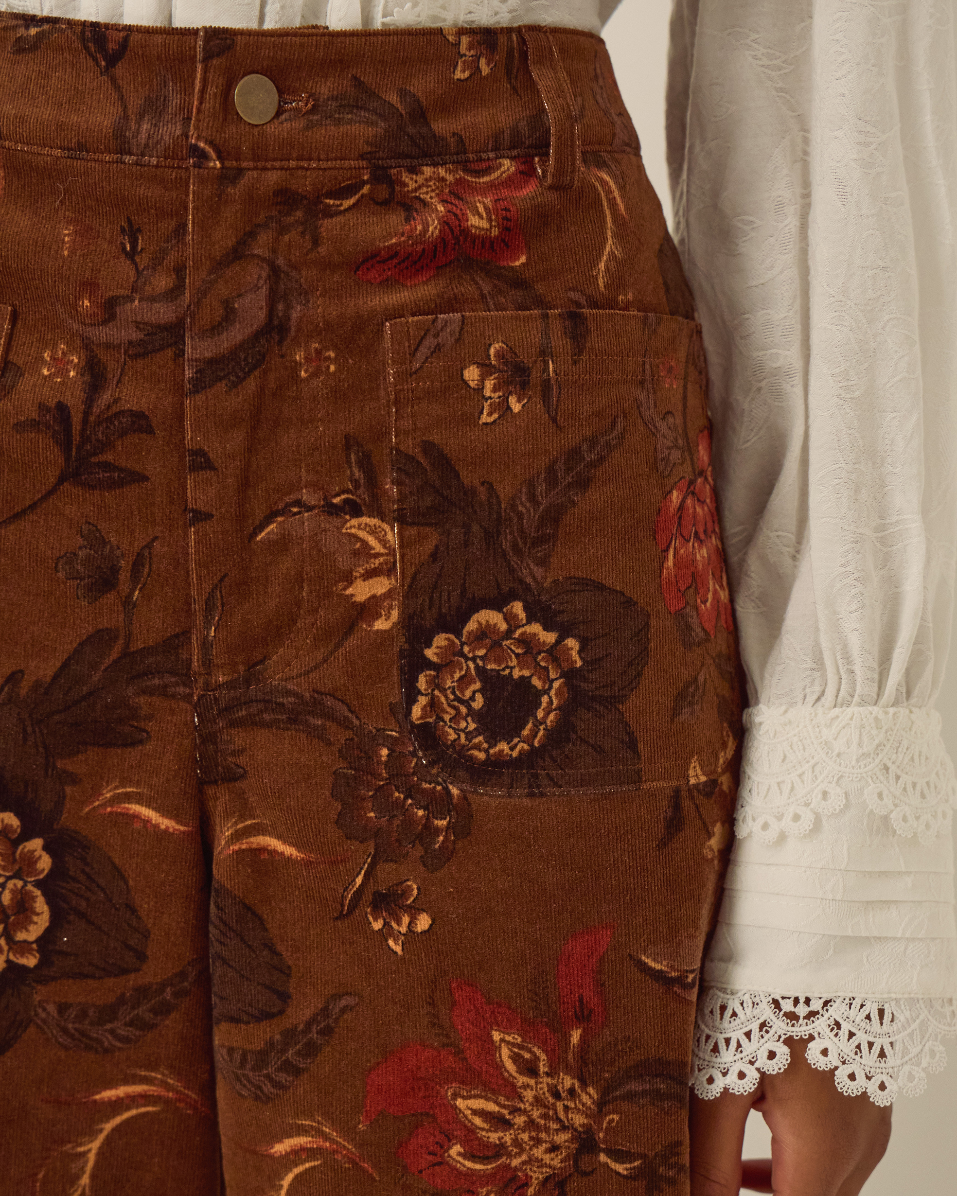Monsoon Princella High Waisted Cropped Floral Corduroy Trousers, view 2