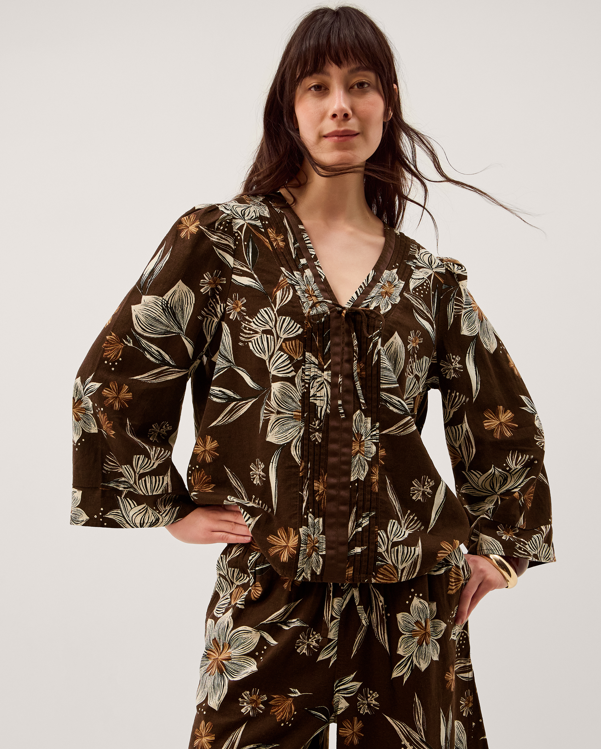 Monsoon Esther Floral Linen Blend Top in brown