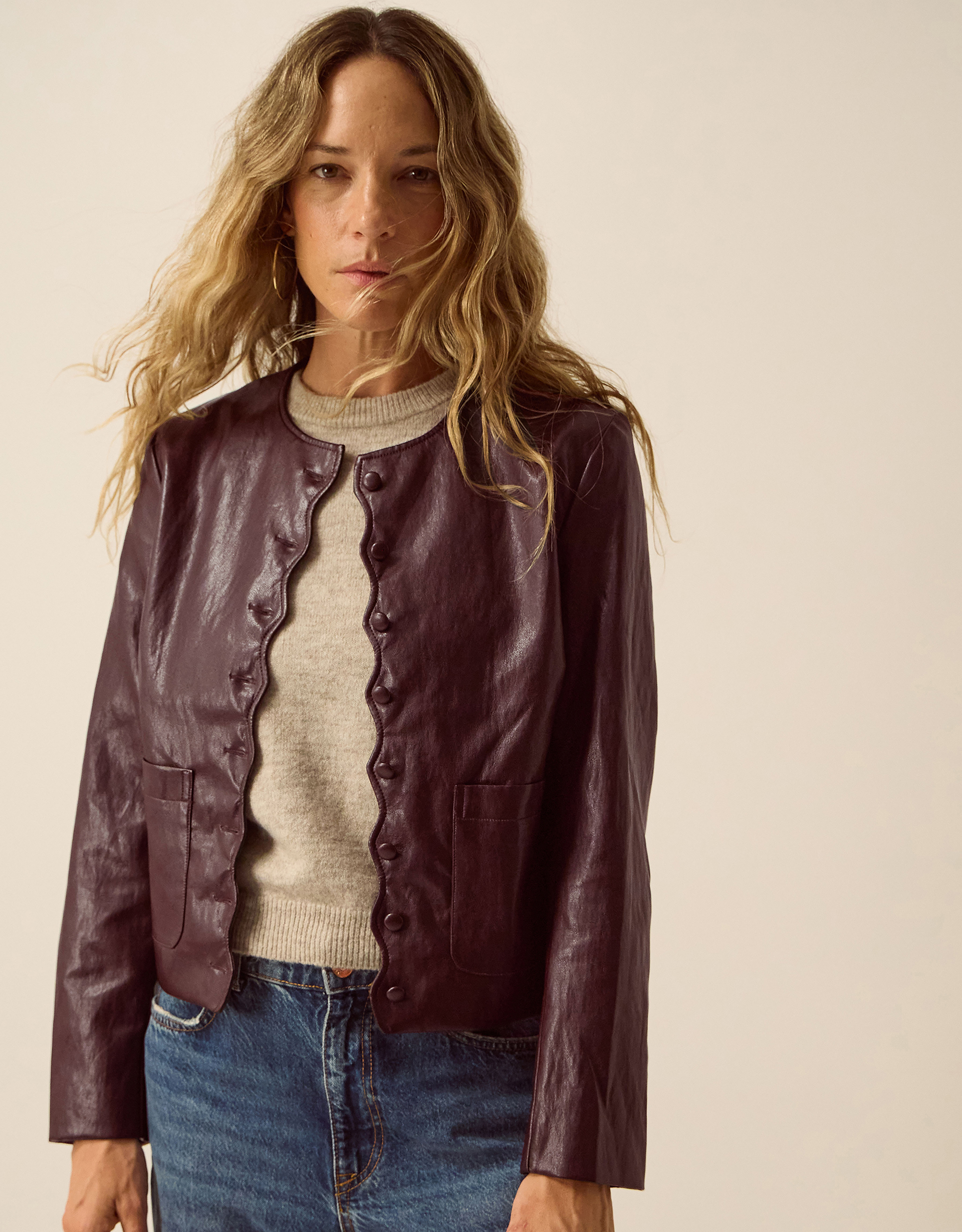 Monsoon Penelope Scallop Faux Leather Jacket in Brown