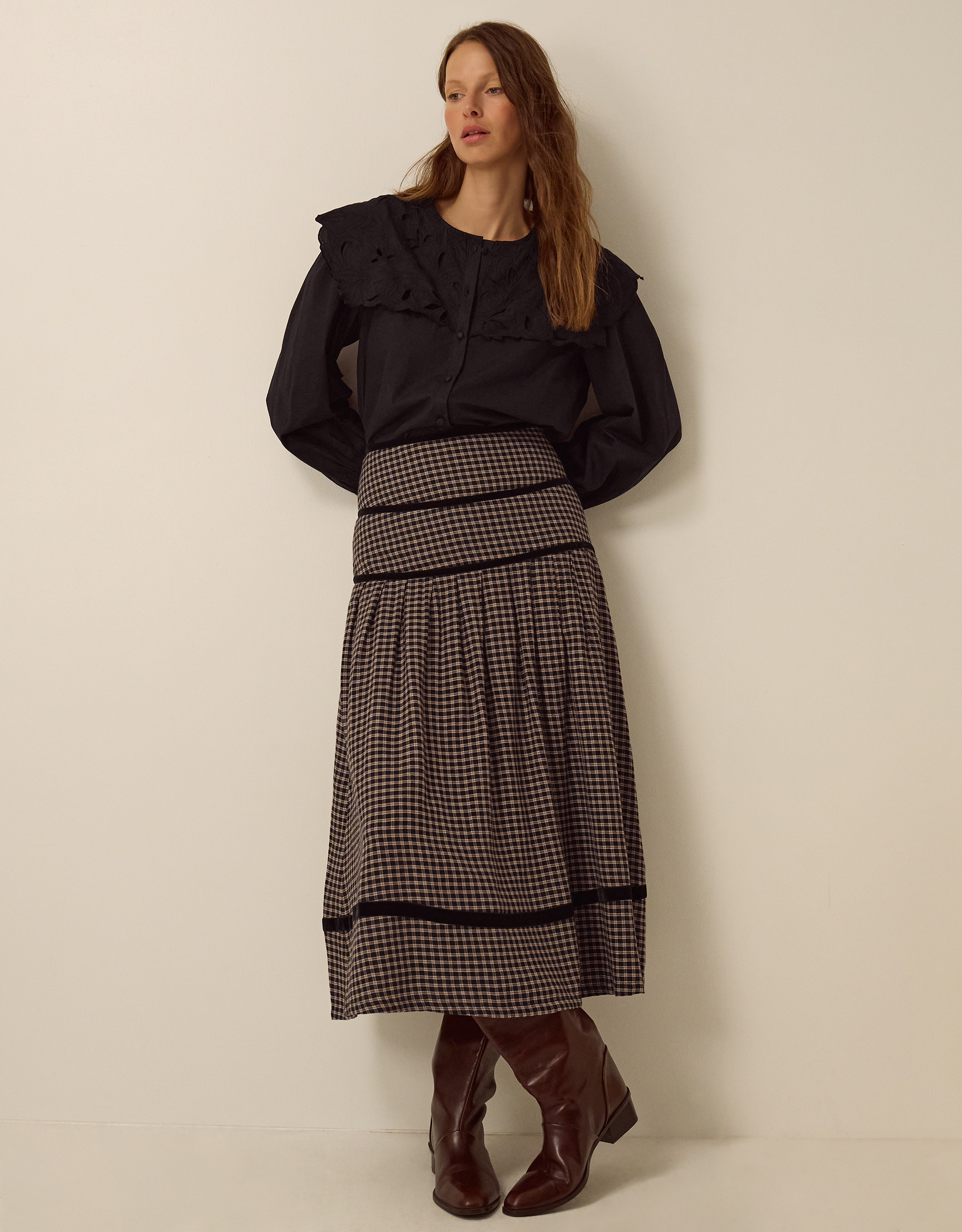 Monsoon Elise Check Print Midi Skirt, view 5