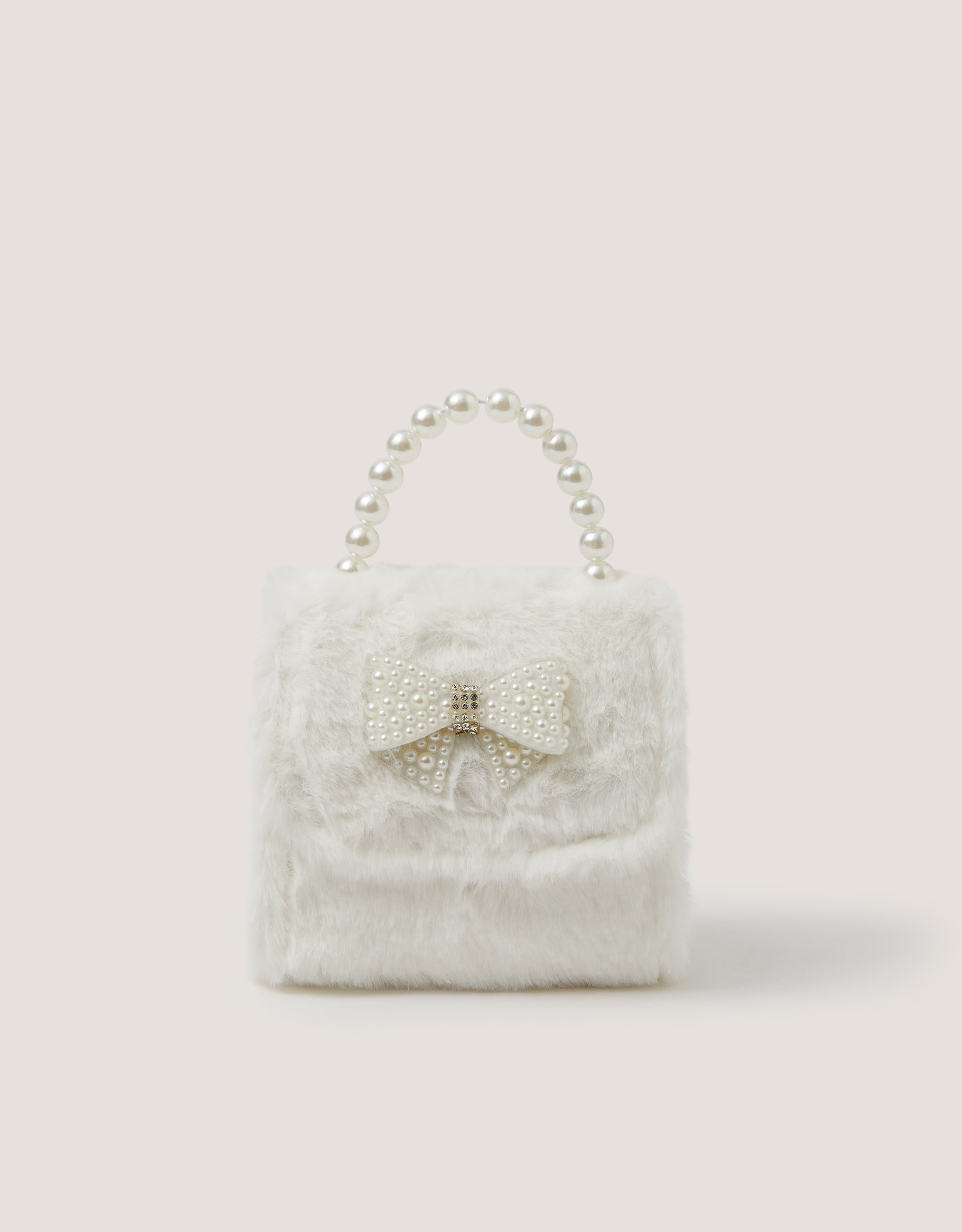 Monsoon Fluffy Pearl Bow Bag in white