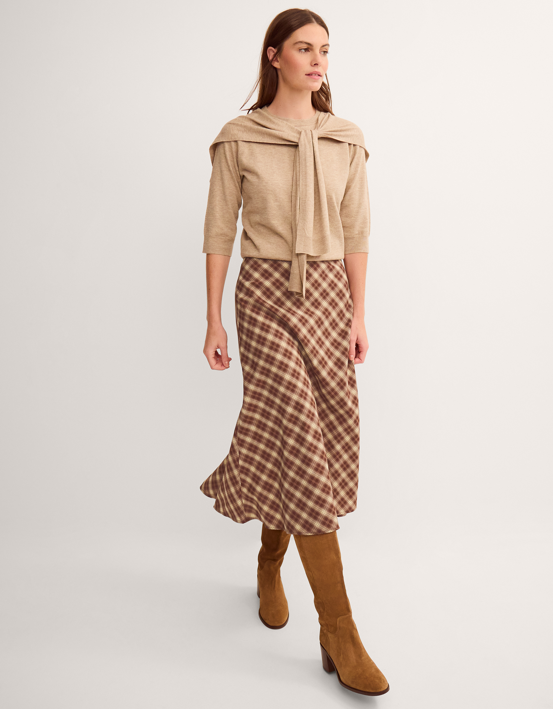 Monsoon Frankie Check Print Midi Skirt in brown