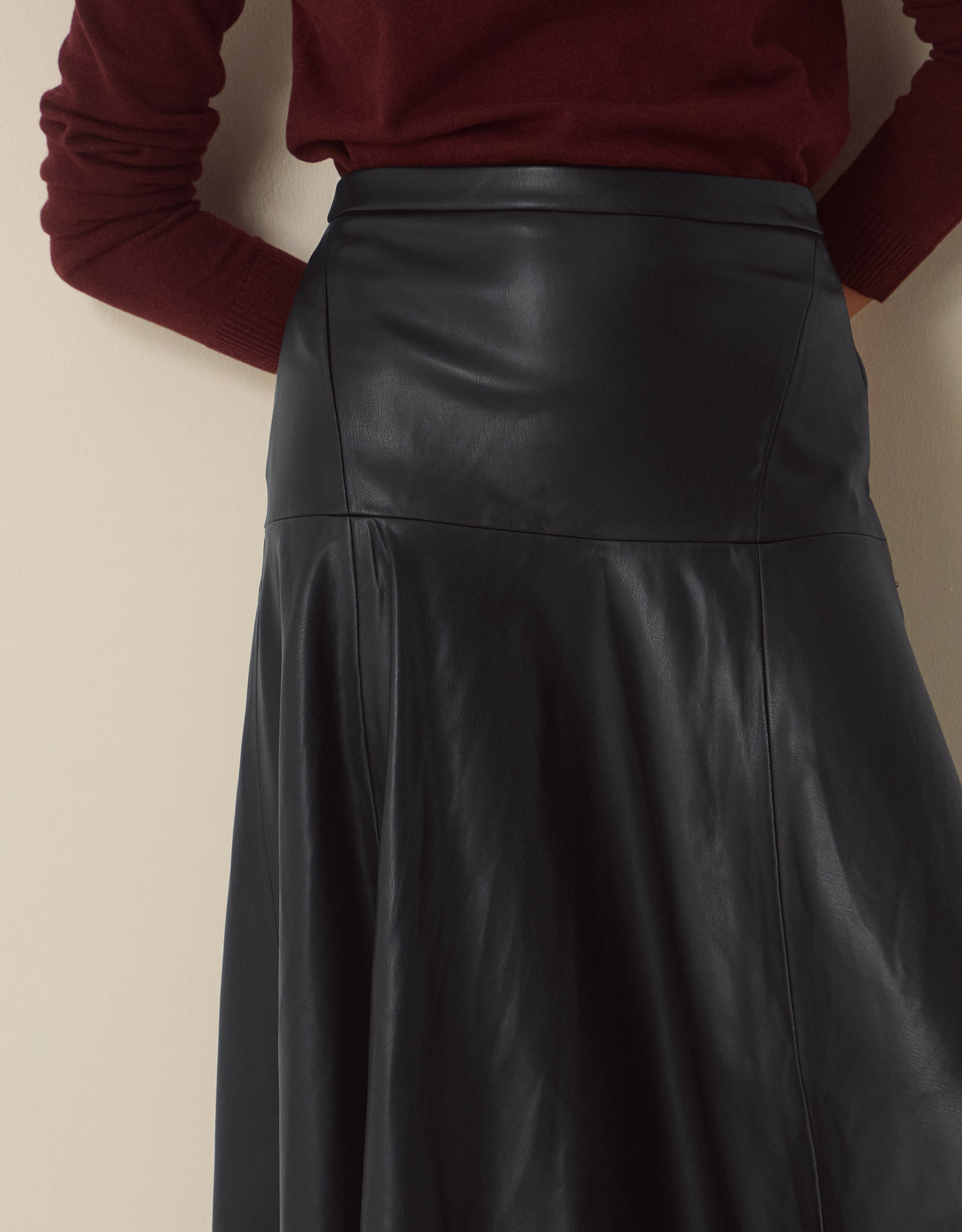 Monsoon Dianne Faux Leather Midi Skirt in Black, view 3