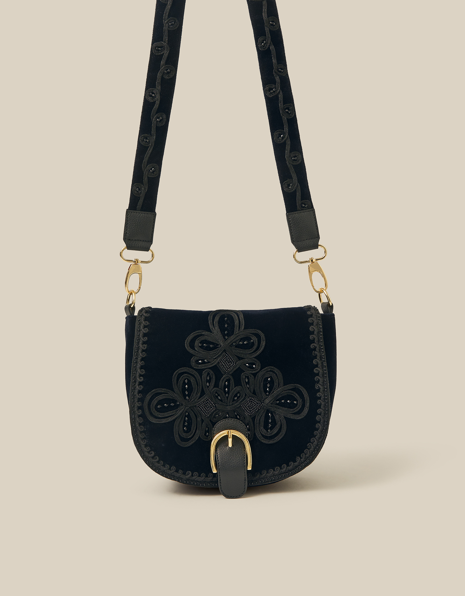Monsoon Dori Embroidered Velvet Saddle Crossbody Bag