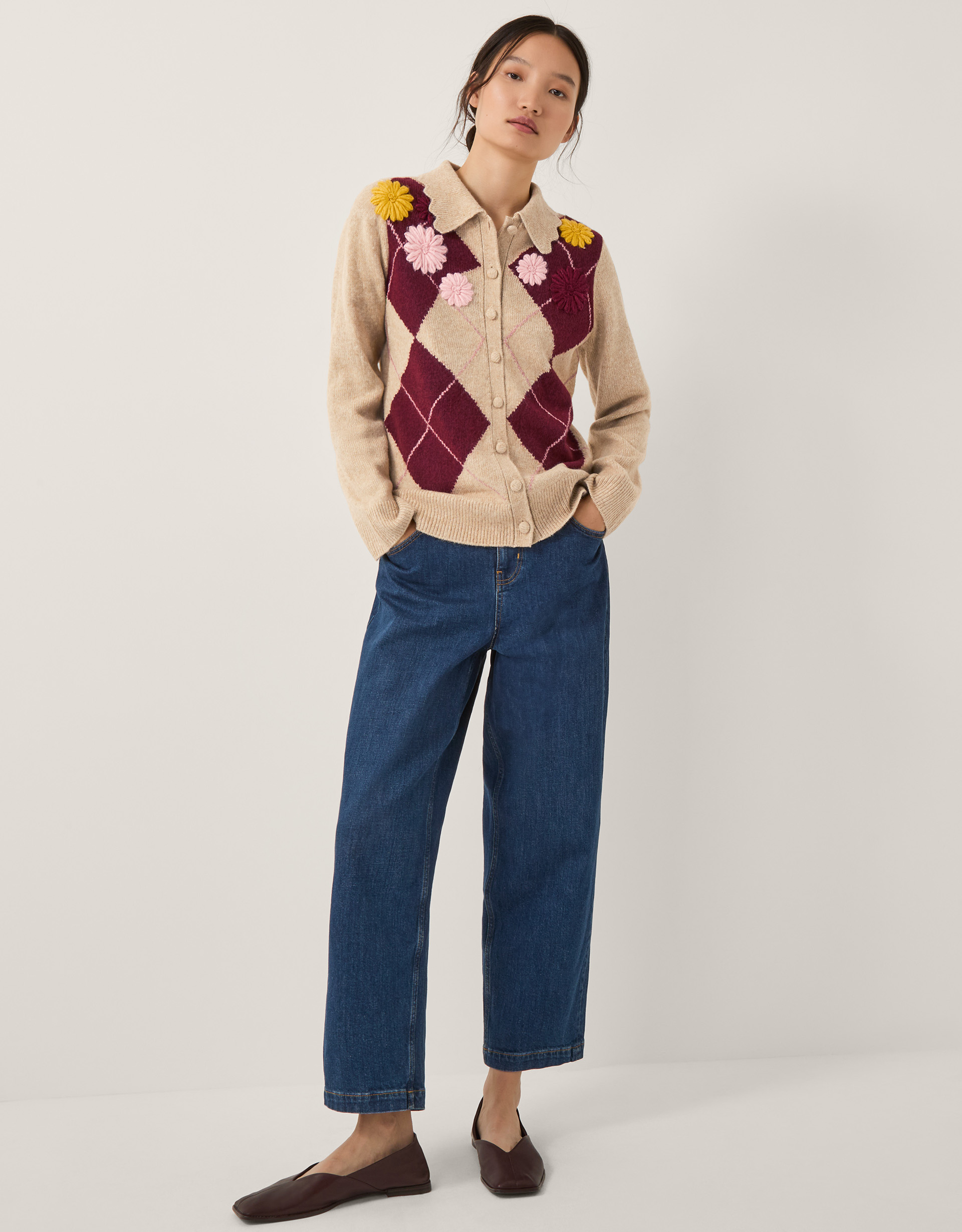 Monsoon Ami Floral Argyle Collar Cardigan, view 4