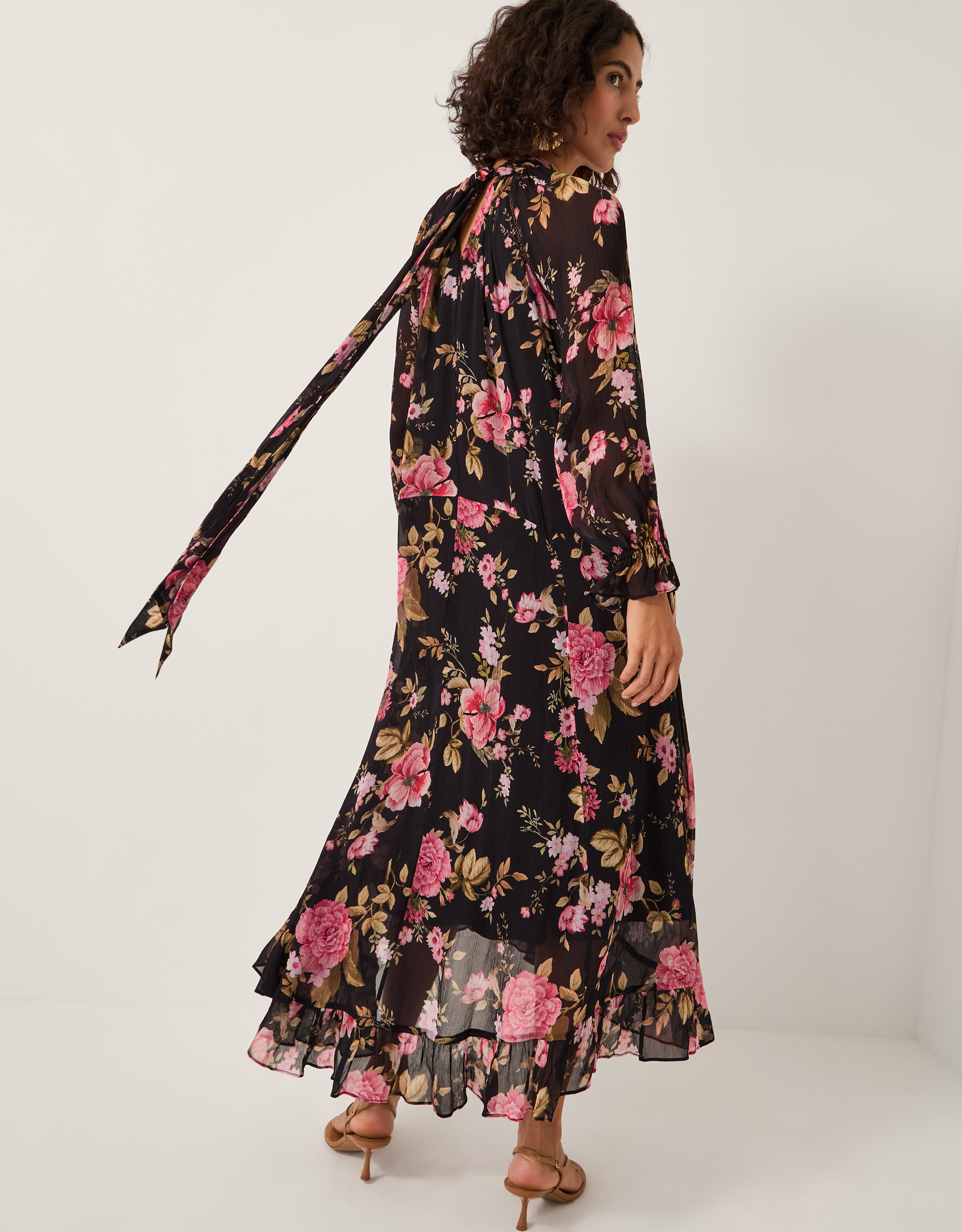 Monsoon Black & Pink Floral Print Mariel Trapeze Midi Dress, view 3