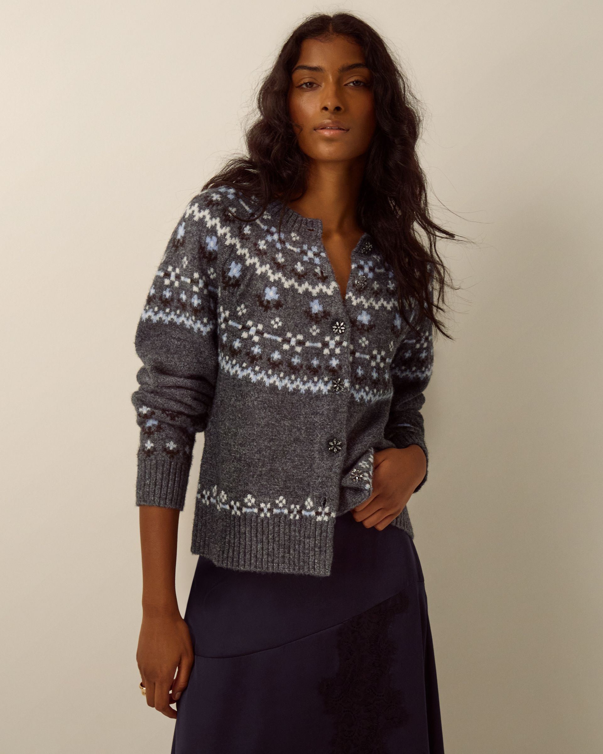 Monsoon Fleur Floral Fair Isle Crew Neck Cardigan