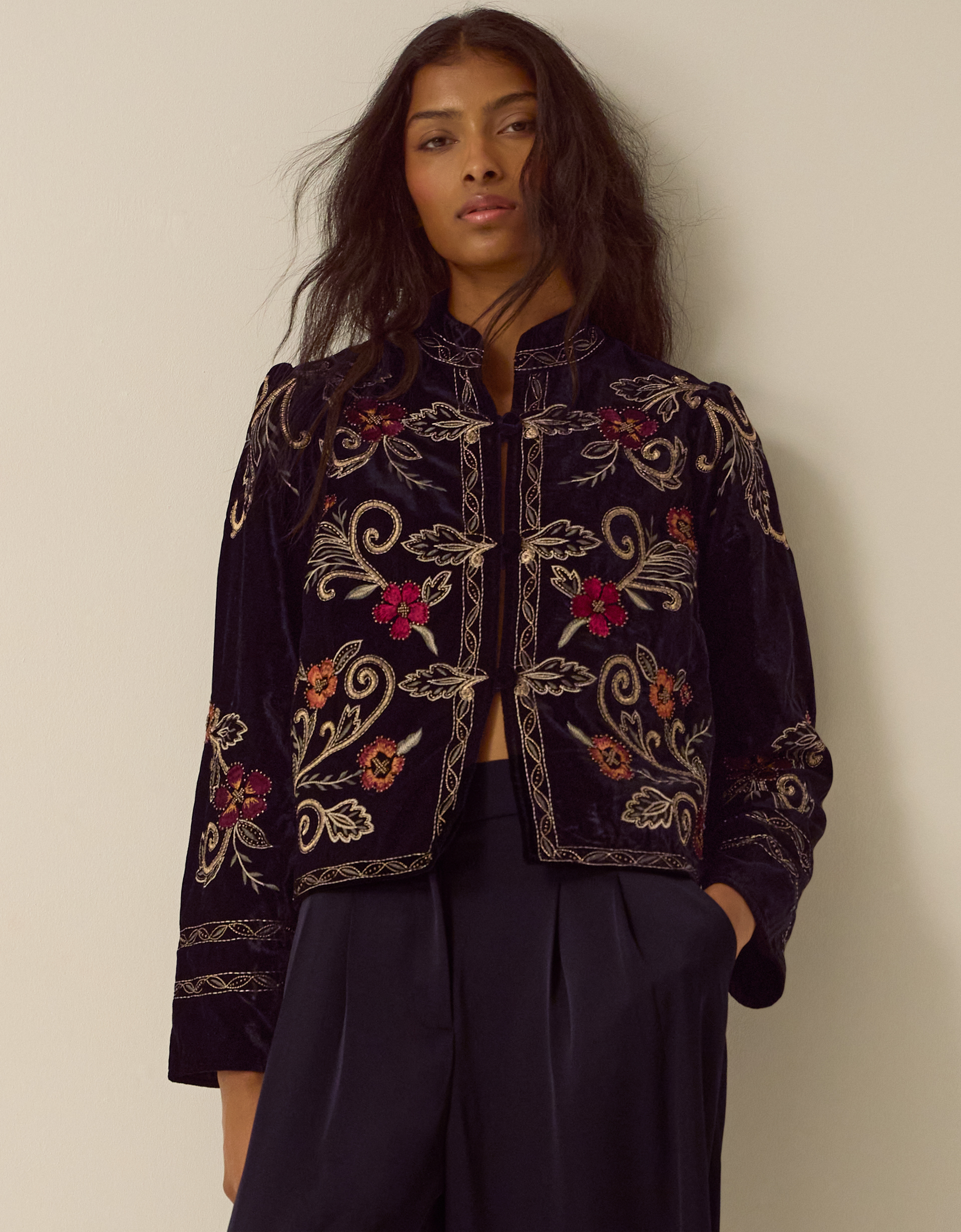 Monsoon Frankie Floral Embroidered Velvet Jacket