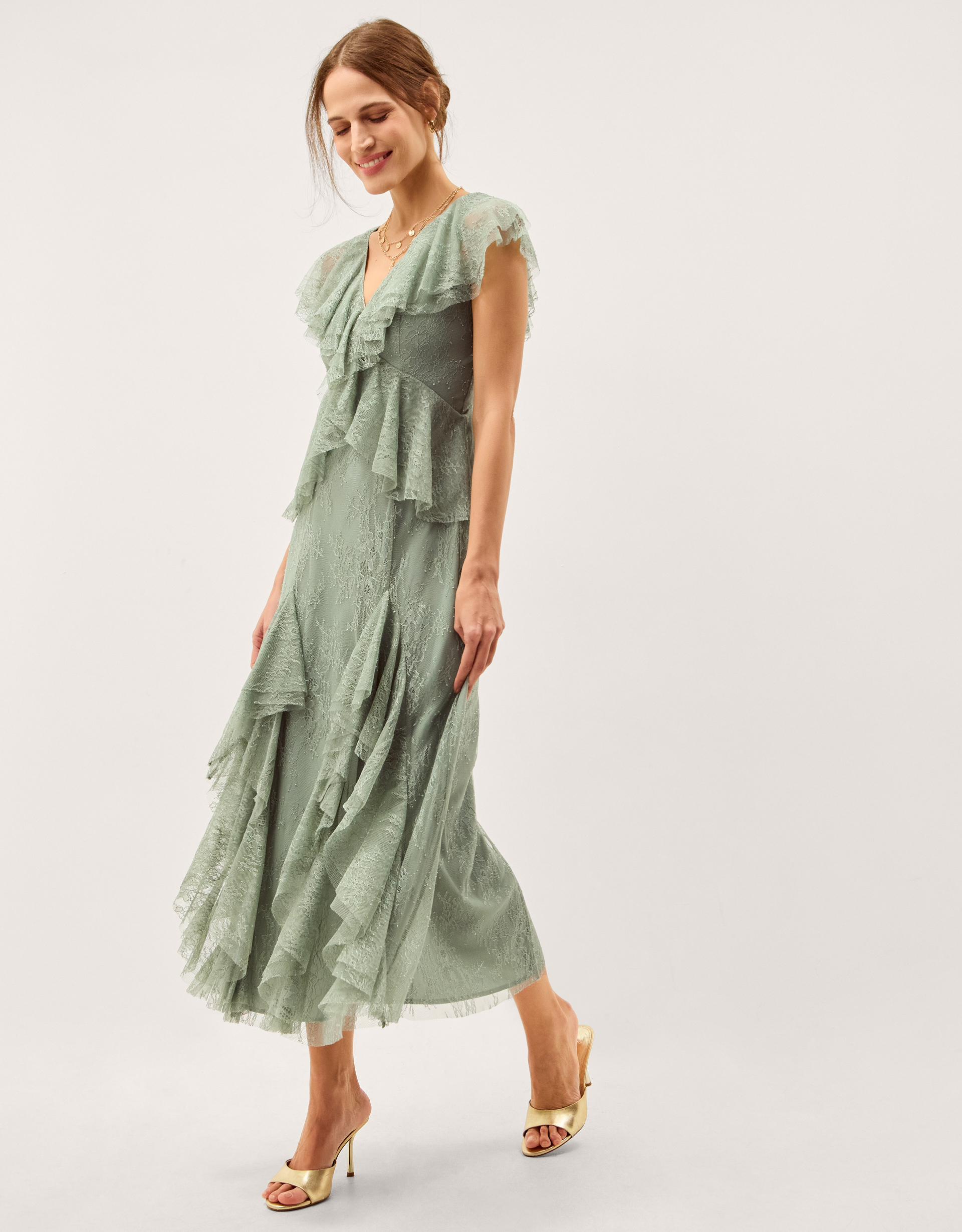 Monsoon Alda Ruffle Lace Midi Dress in green