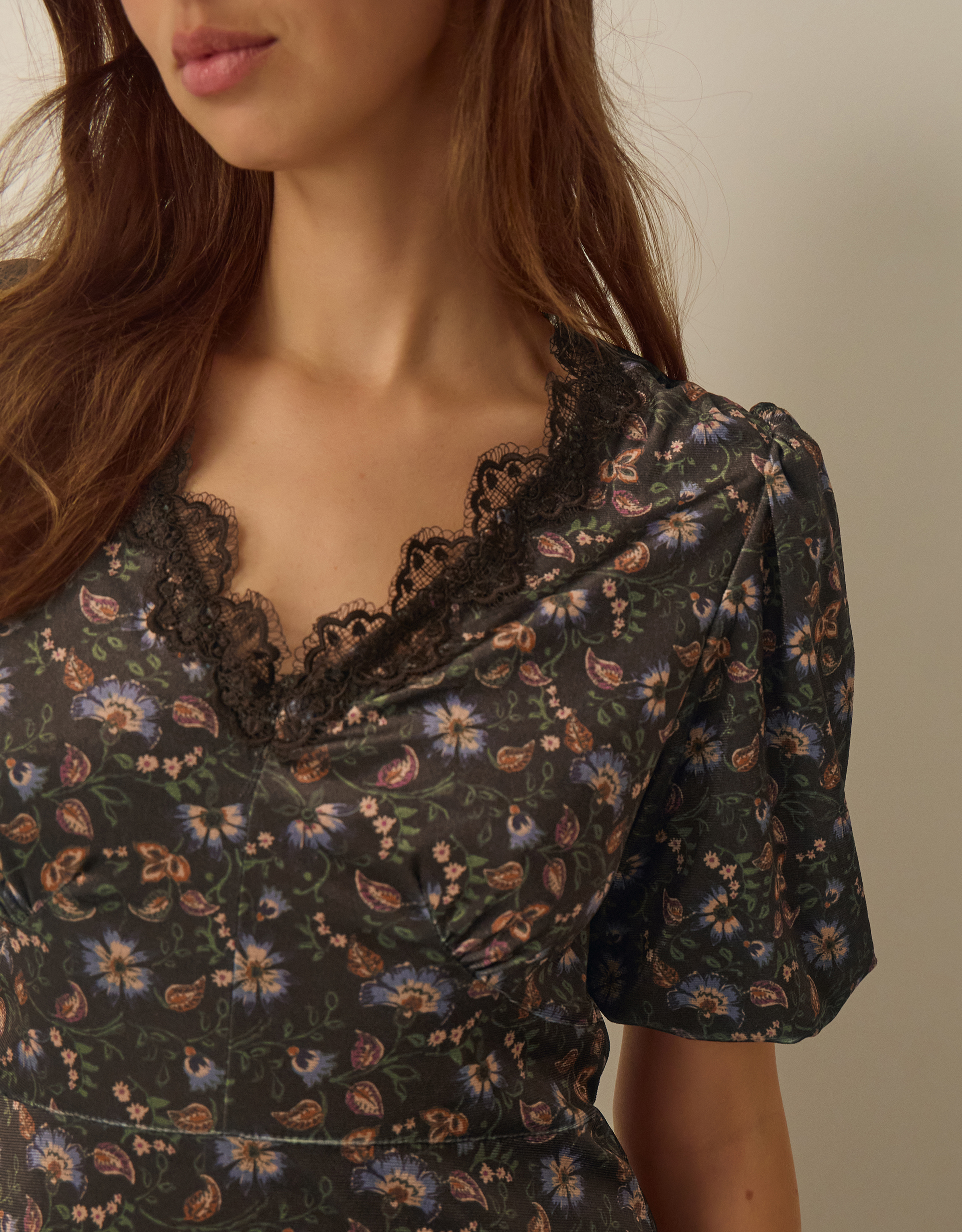 Monsoon Carly V-Neck Floral Print Velvet Midi Dress, view 2