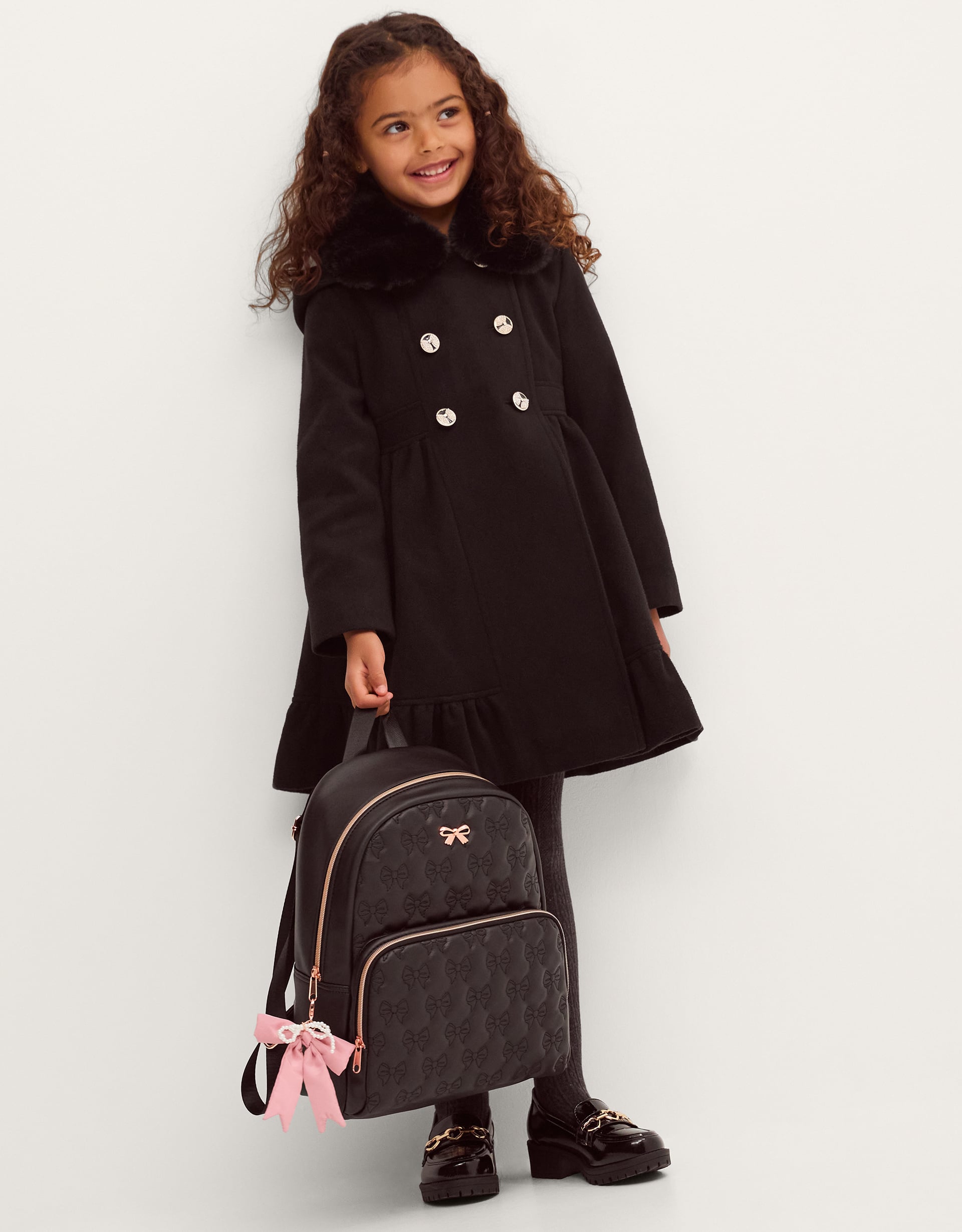 Faux Fur Collar Double-Breasted Coat Black