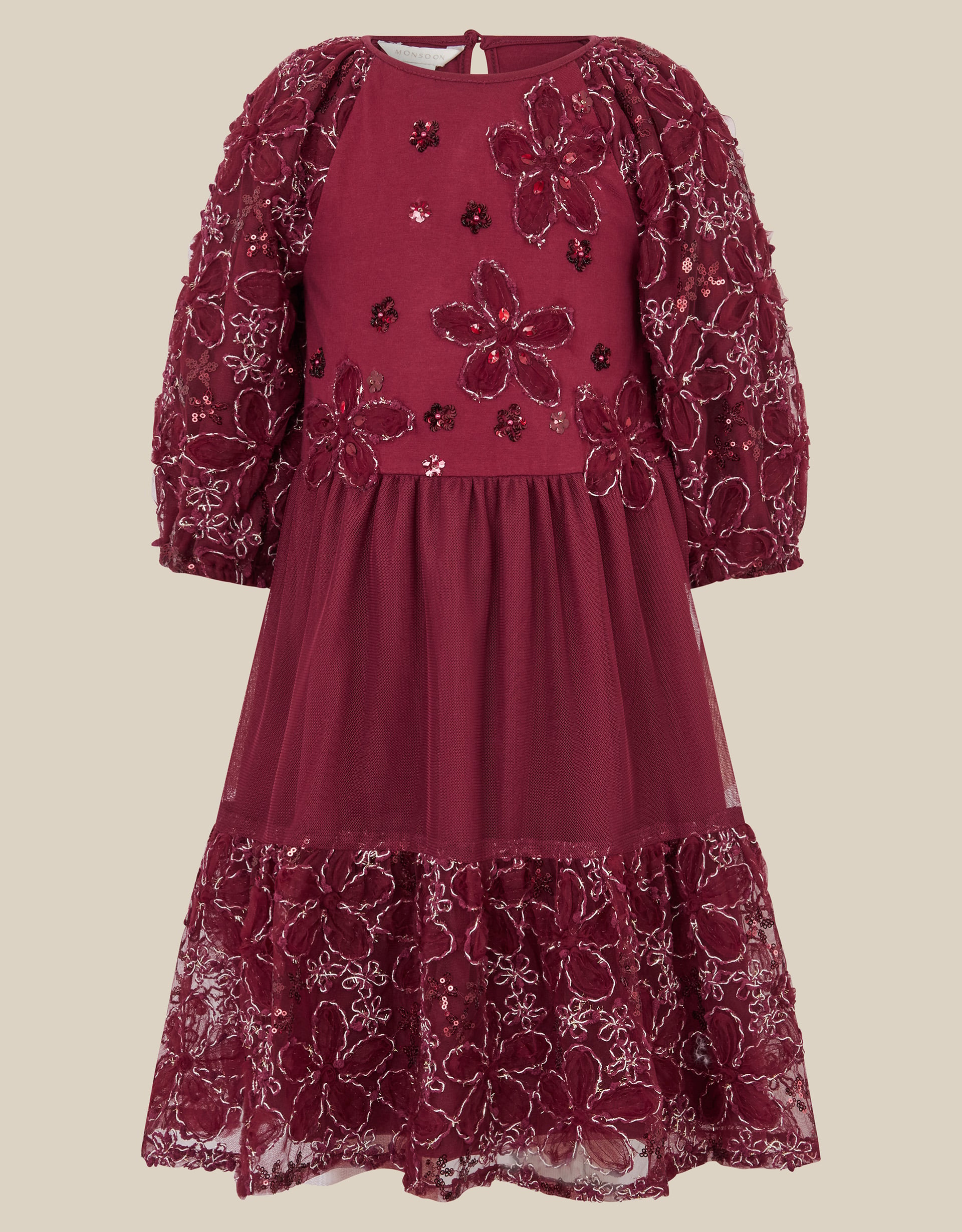 Floral Embellished Long Sleeve Mesh Dress Red