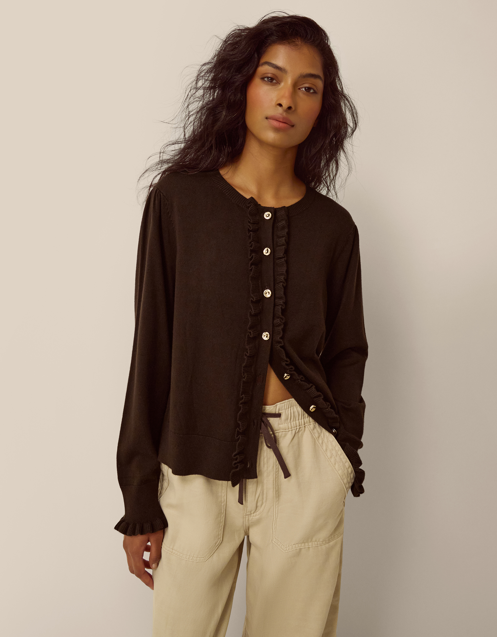 Monsoon Ruby Frill Cardigan in Brown