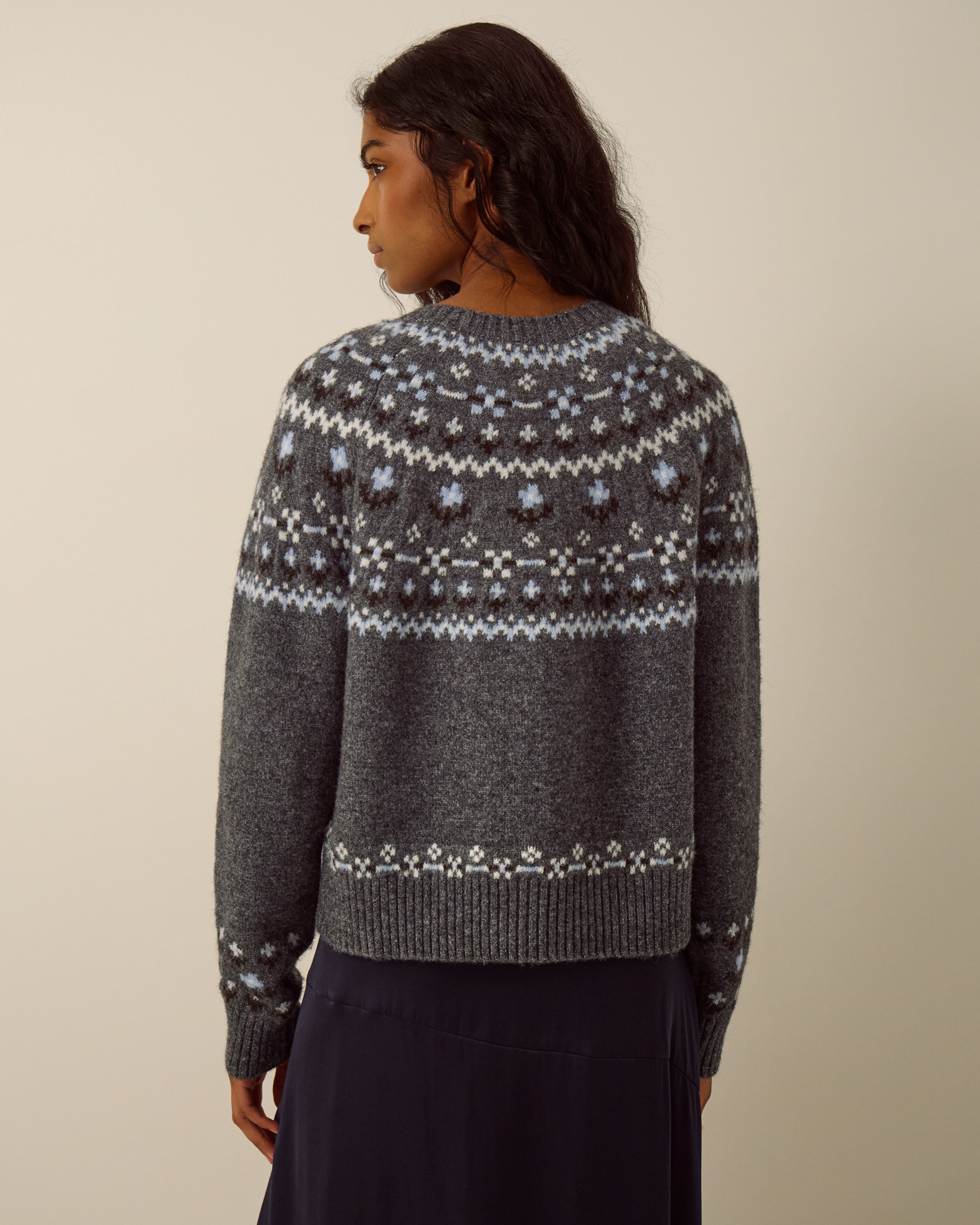 Monsoon Fleur Floral Fair Isle Crew Neck Cardigan, view 3