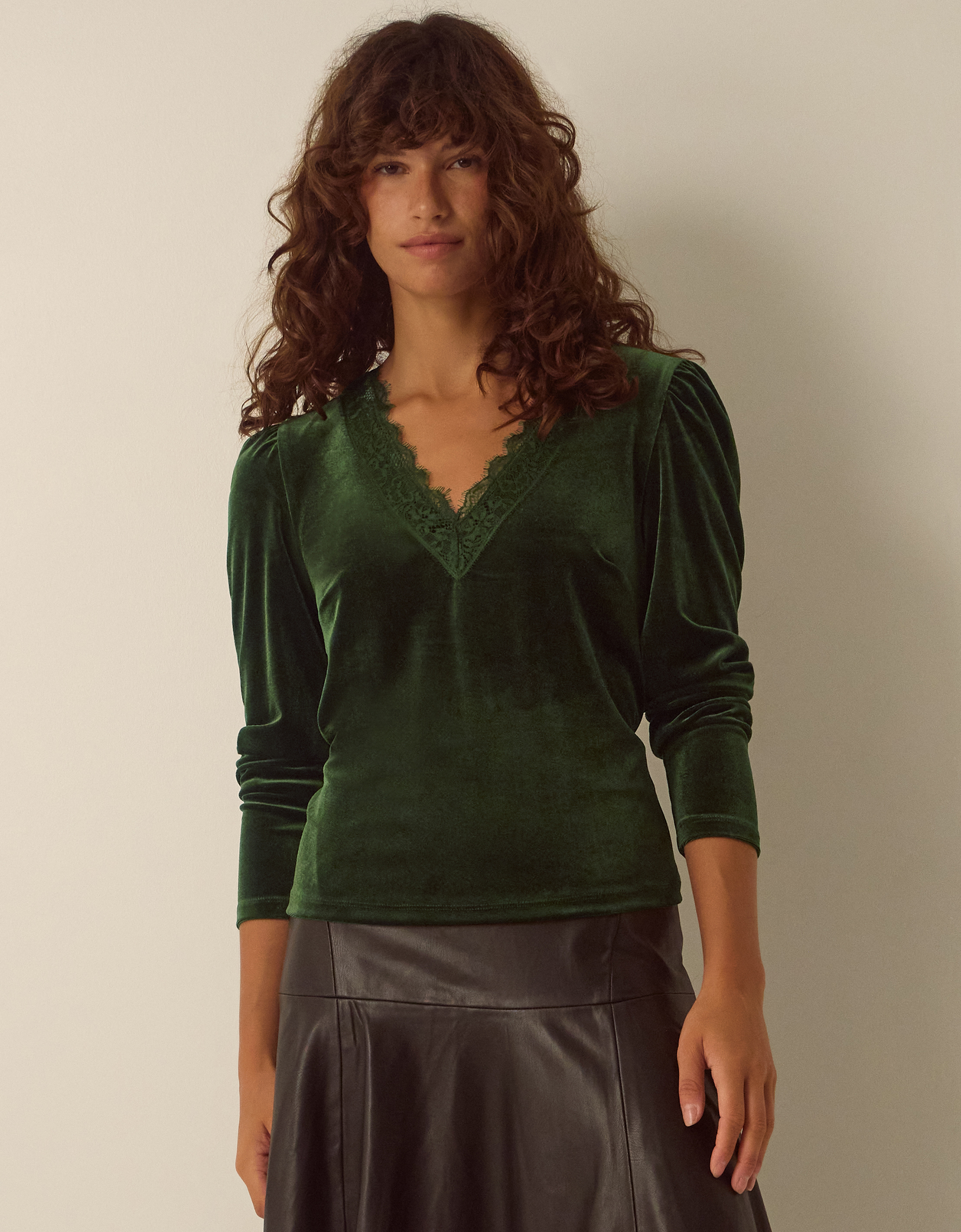 Monsoon Lexi Lace Trim Velvet Top in Green