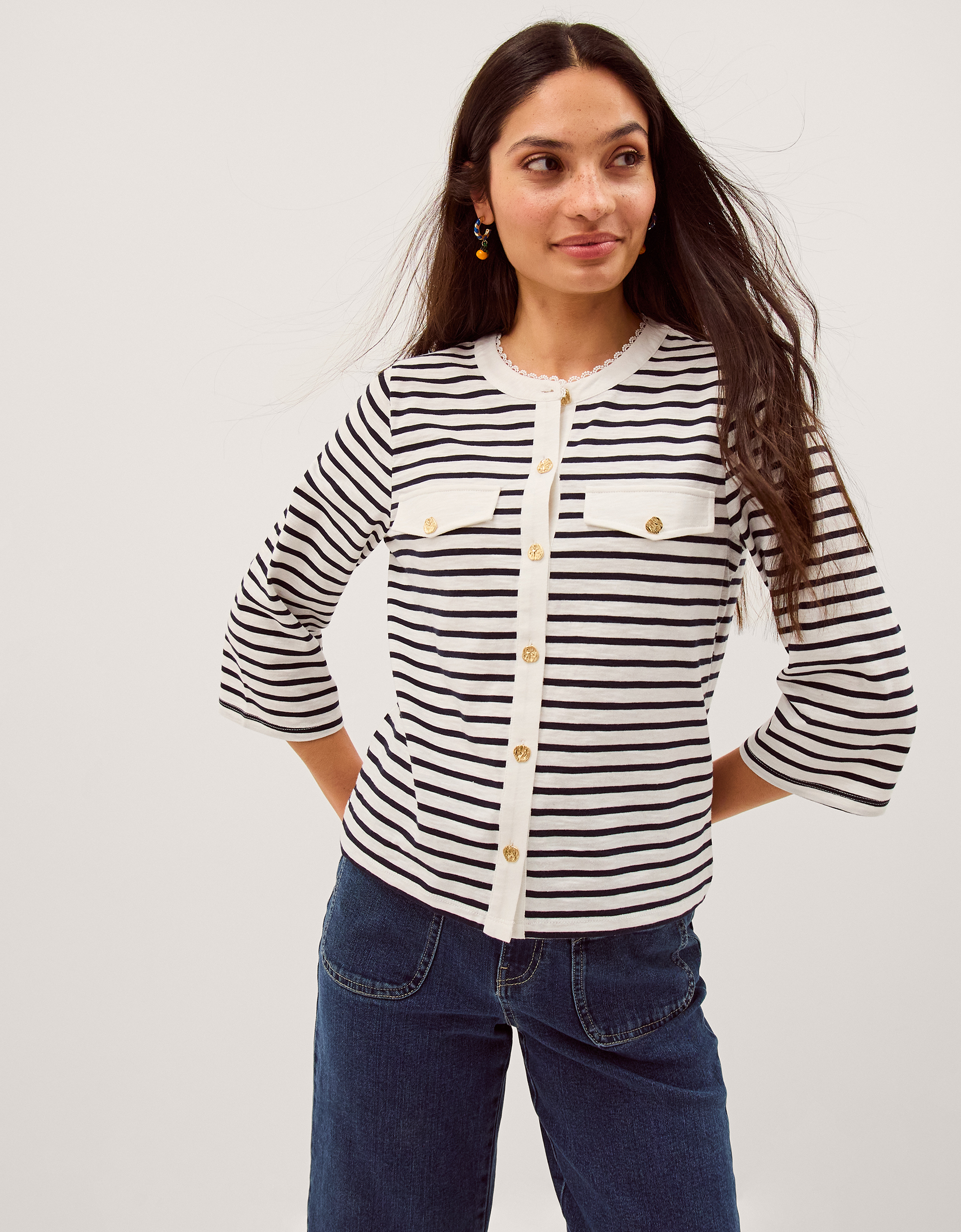 Monsoon Shania Stripe Jersey Buttondown Top in Ivory