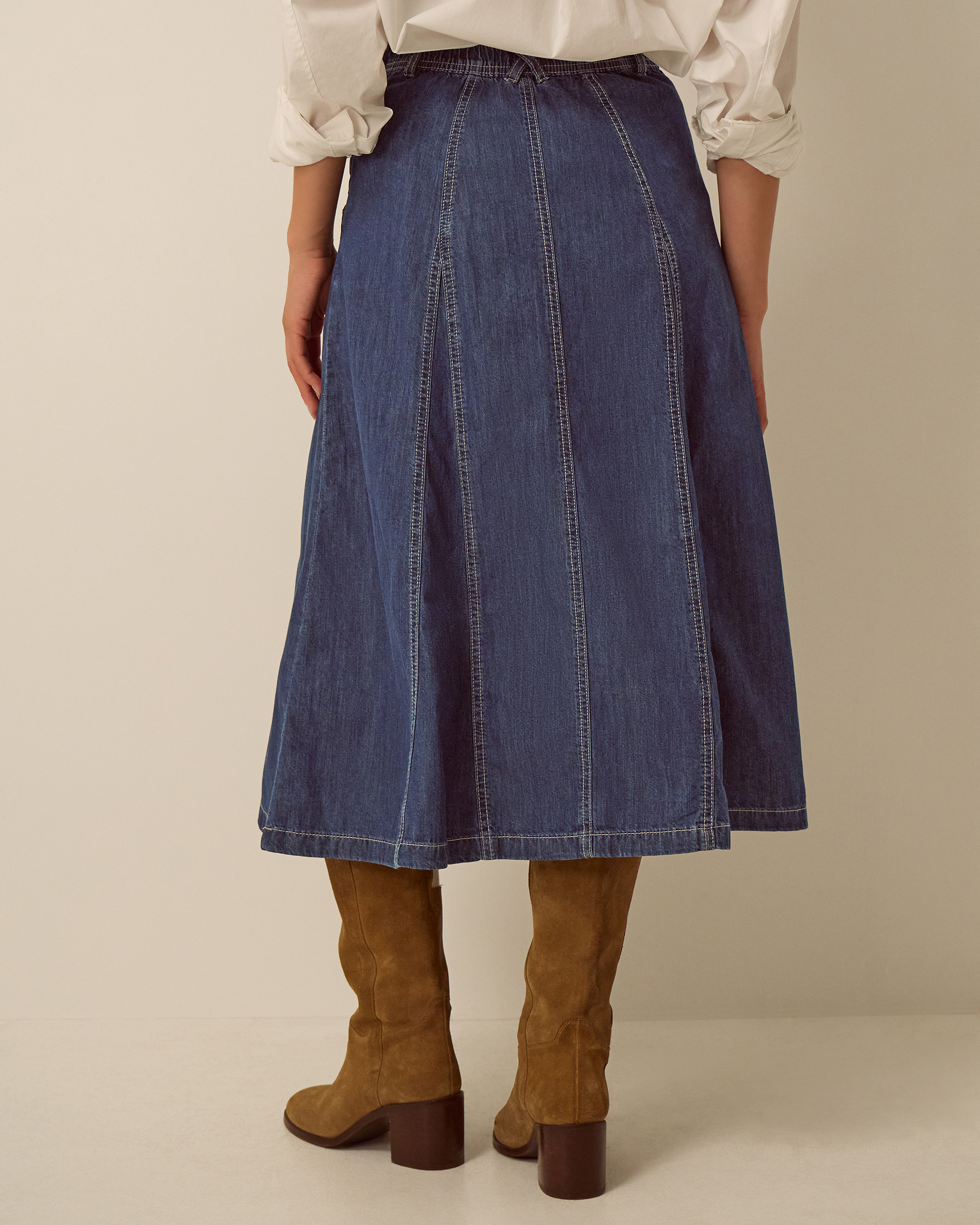 Monsoon Harper Godet Denim Midi Skirt, view 3