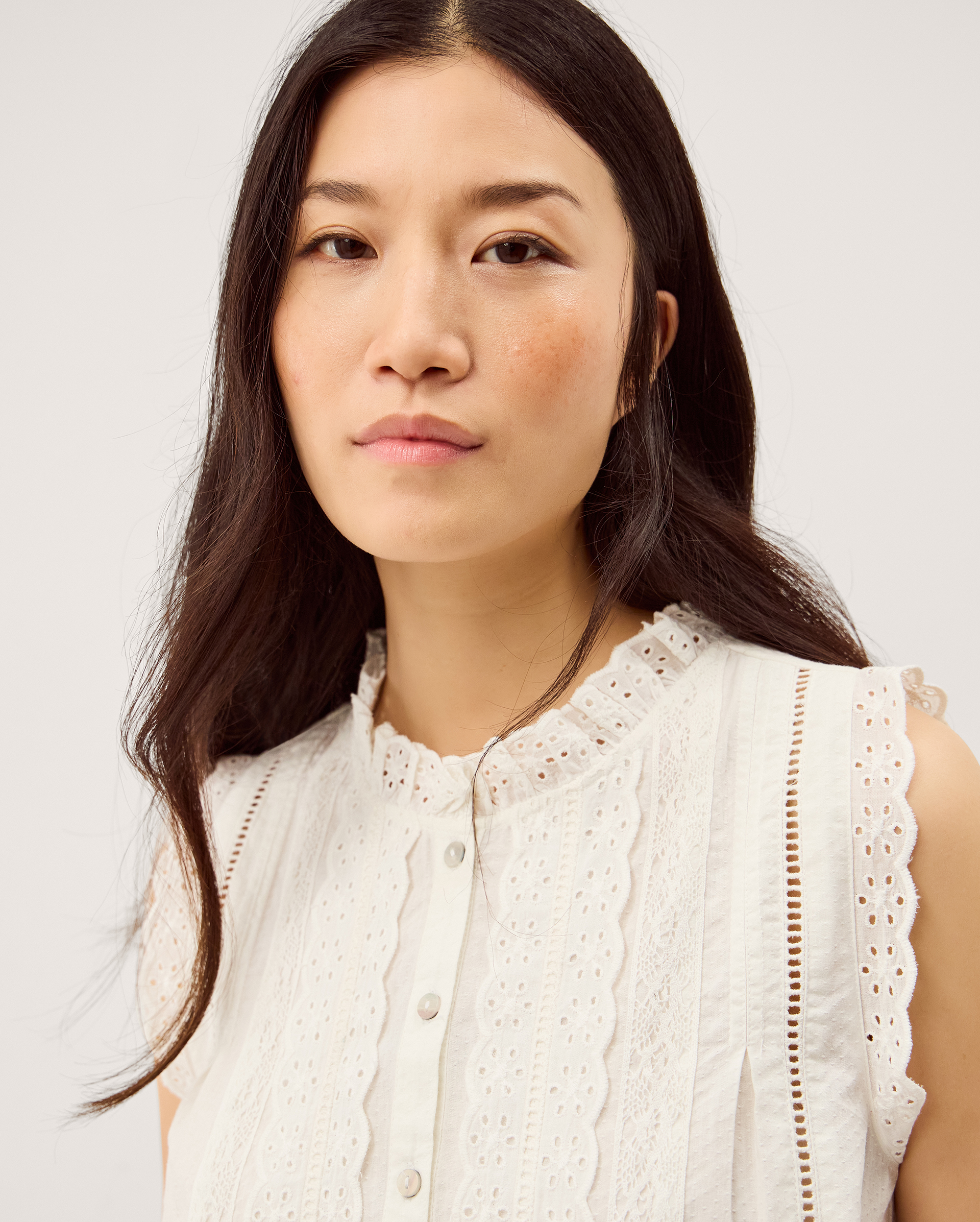 Monsoon Trish Sleeveless Broderie Frill Top in Ivory