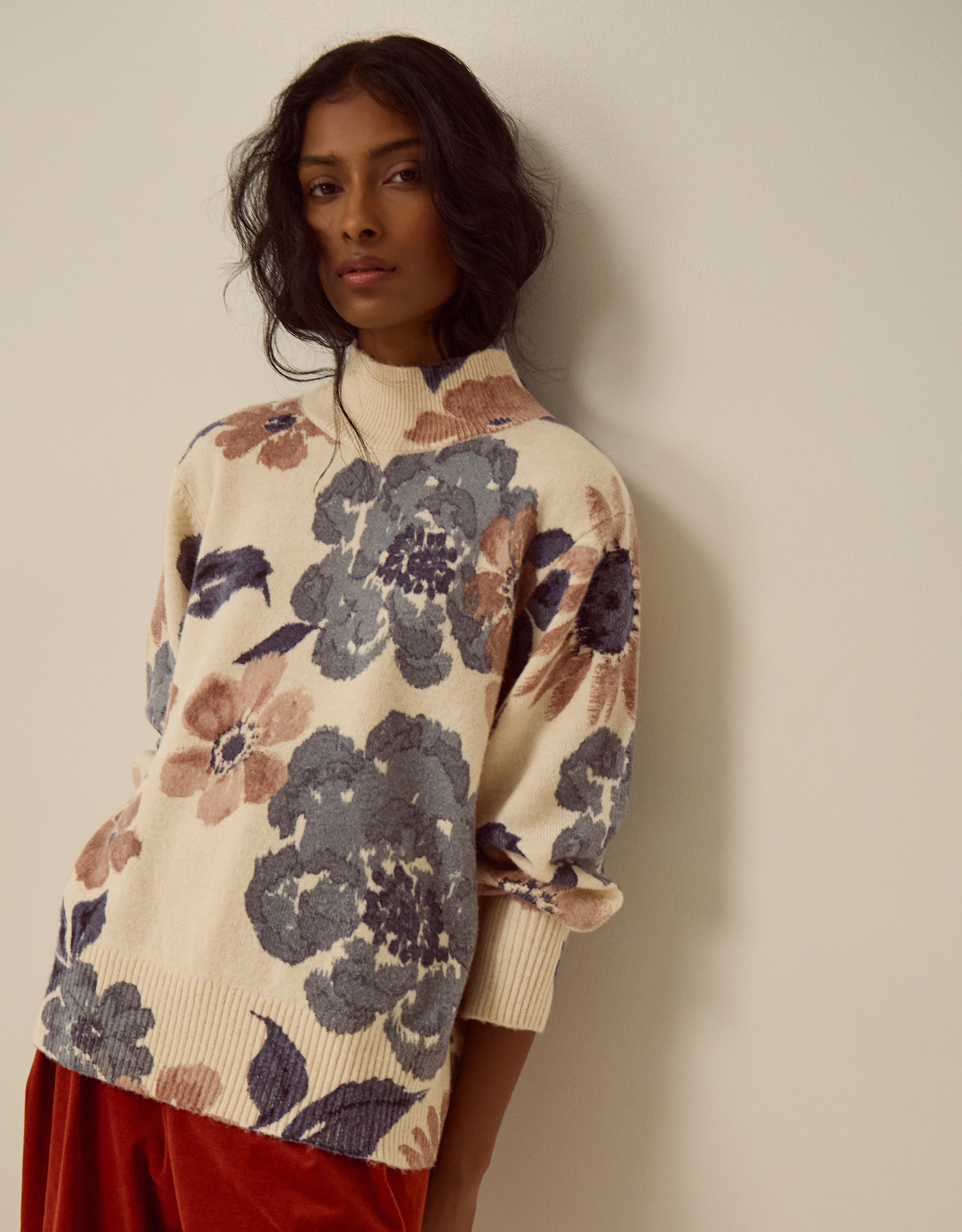 Monsoon Olive High Neck Floral Jumper, view 4