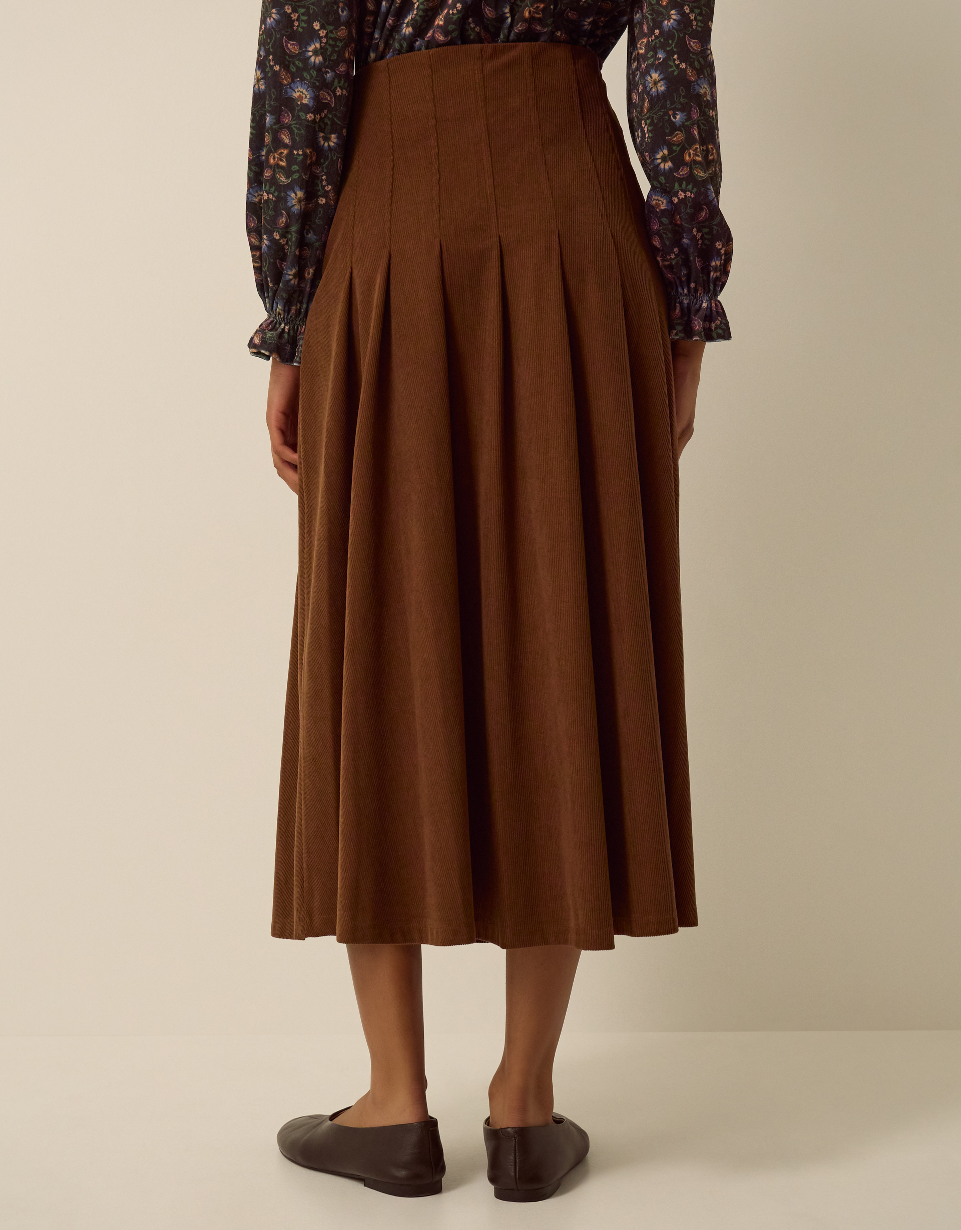Monsoon Sonja Pleated Corduroy Midi Skirt in Tan, view 3