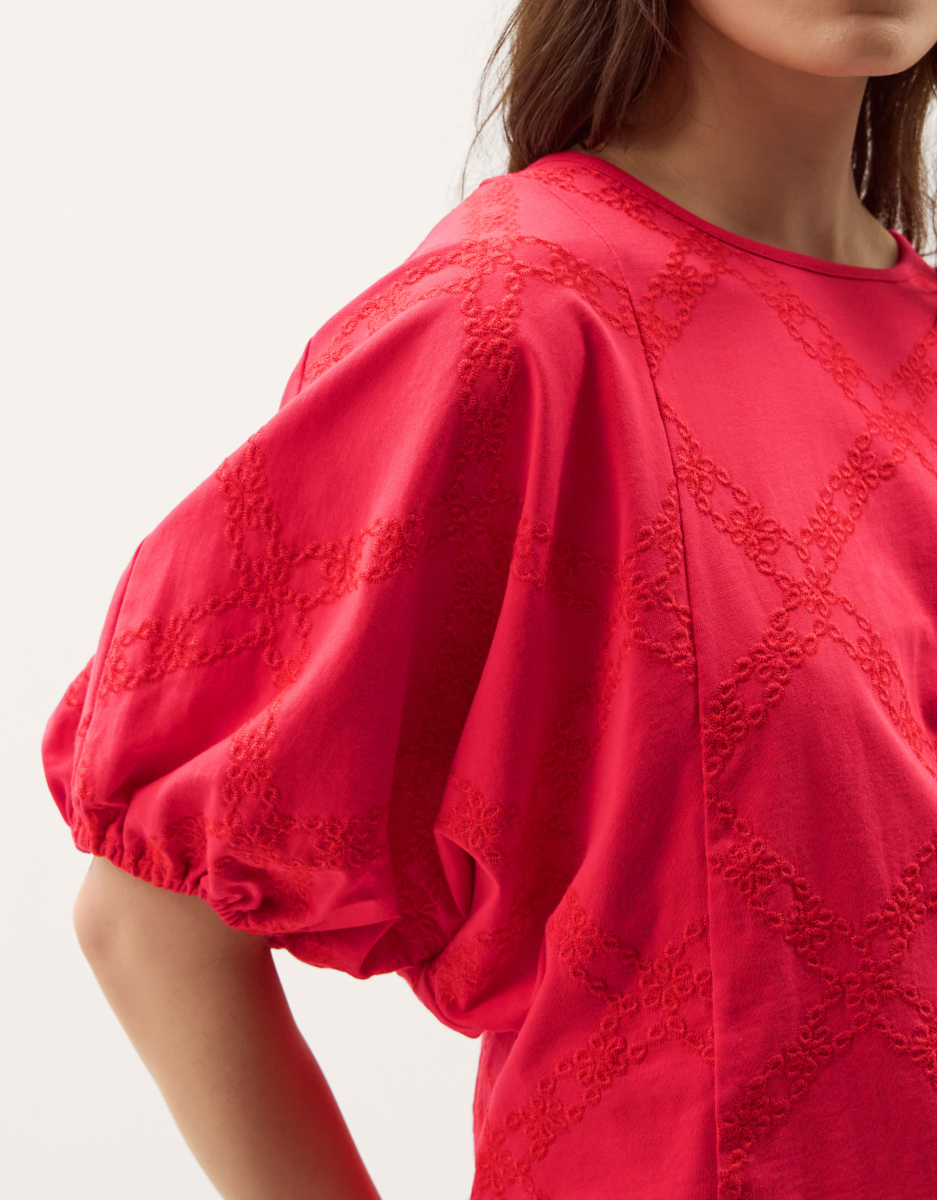 Monsoon Ellie Puff Sleeve Embroidered Jersey Top in Red, view 2