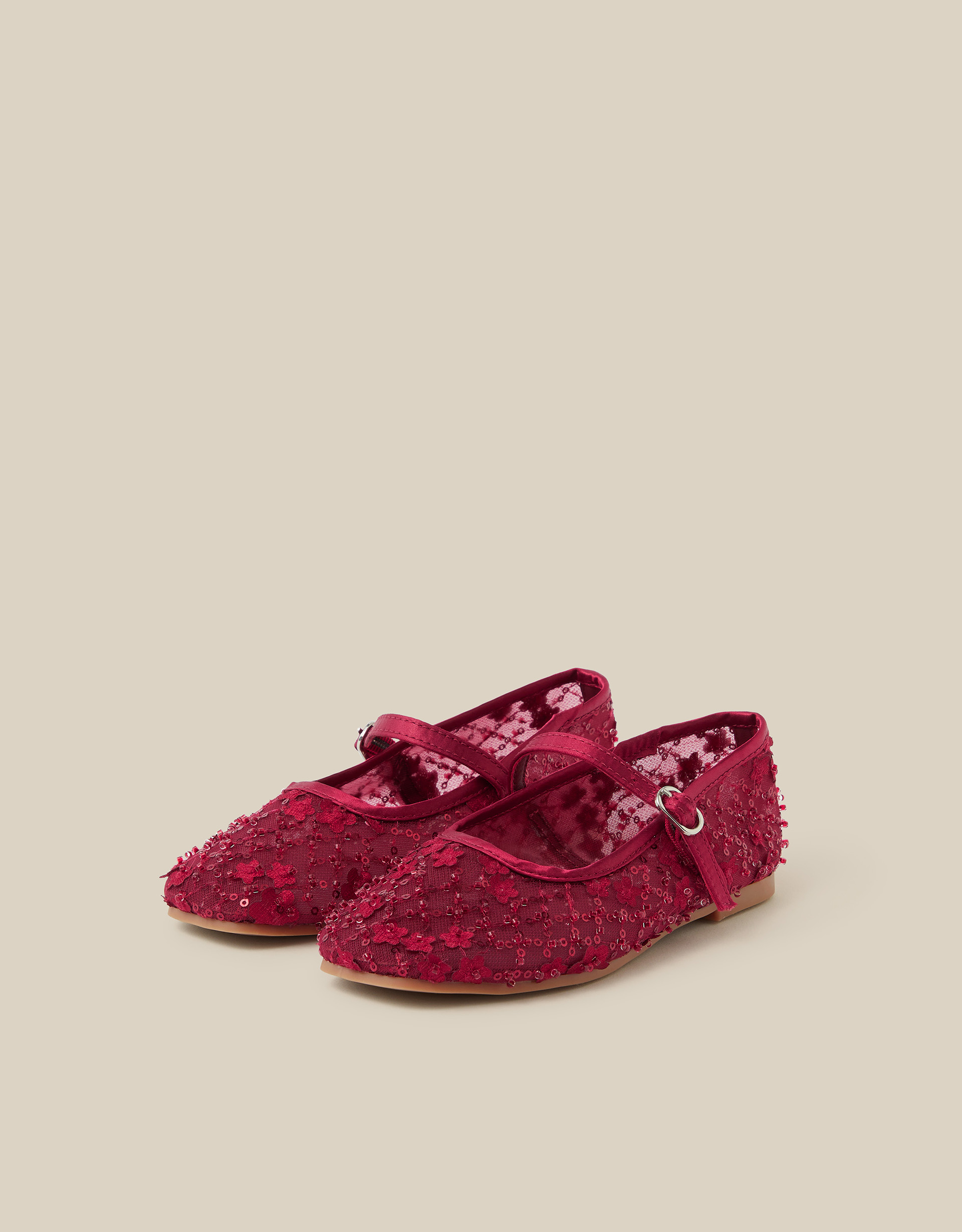 Monsoon Flower Sparkle Mesh Ballet Flats in Red