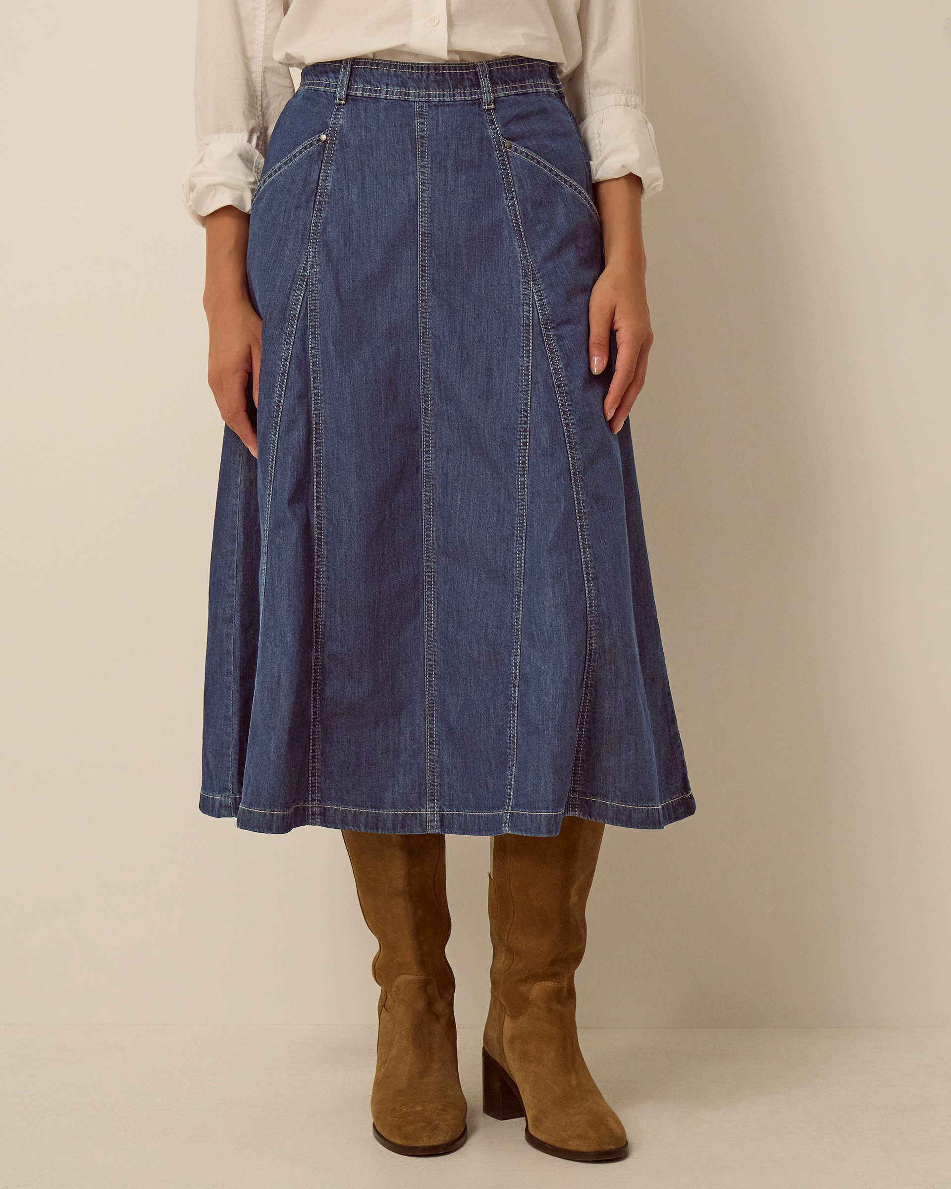 Monsoon Harper Godet Denim Midi Skirt in blue