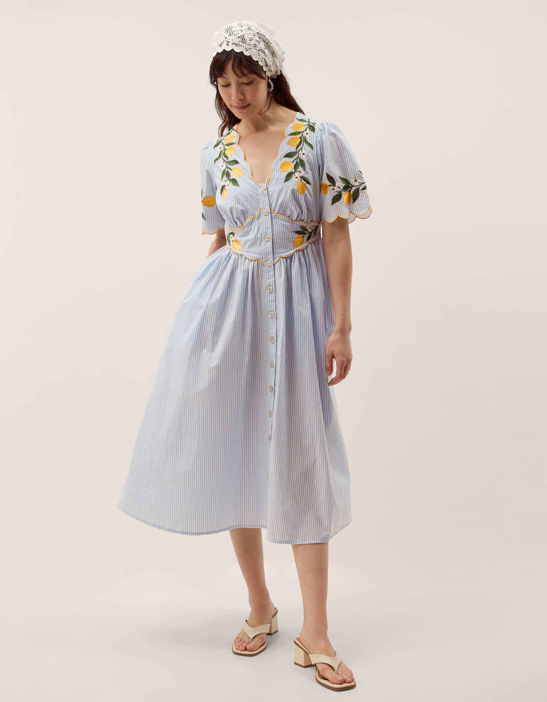 Monsoon Marisol Lemon Embroidered Stripe Midi Dress