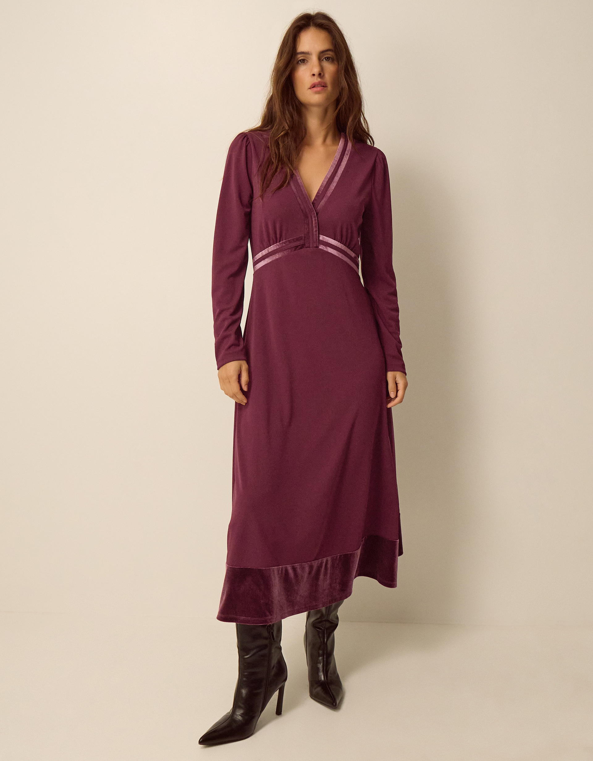 Monsoon Viv Velvet V-Neck Jersey Midi Dress