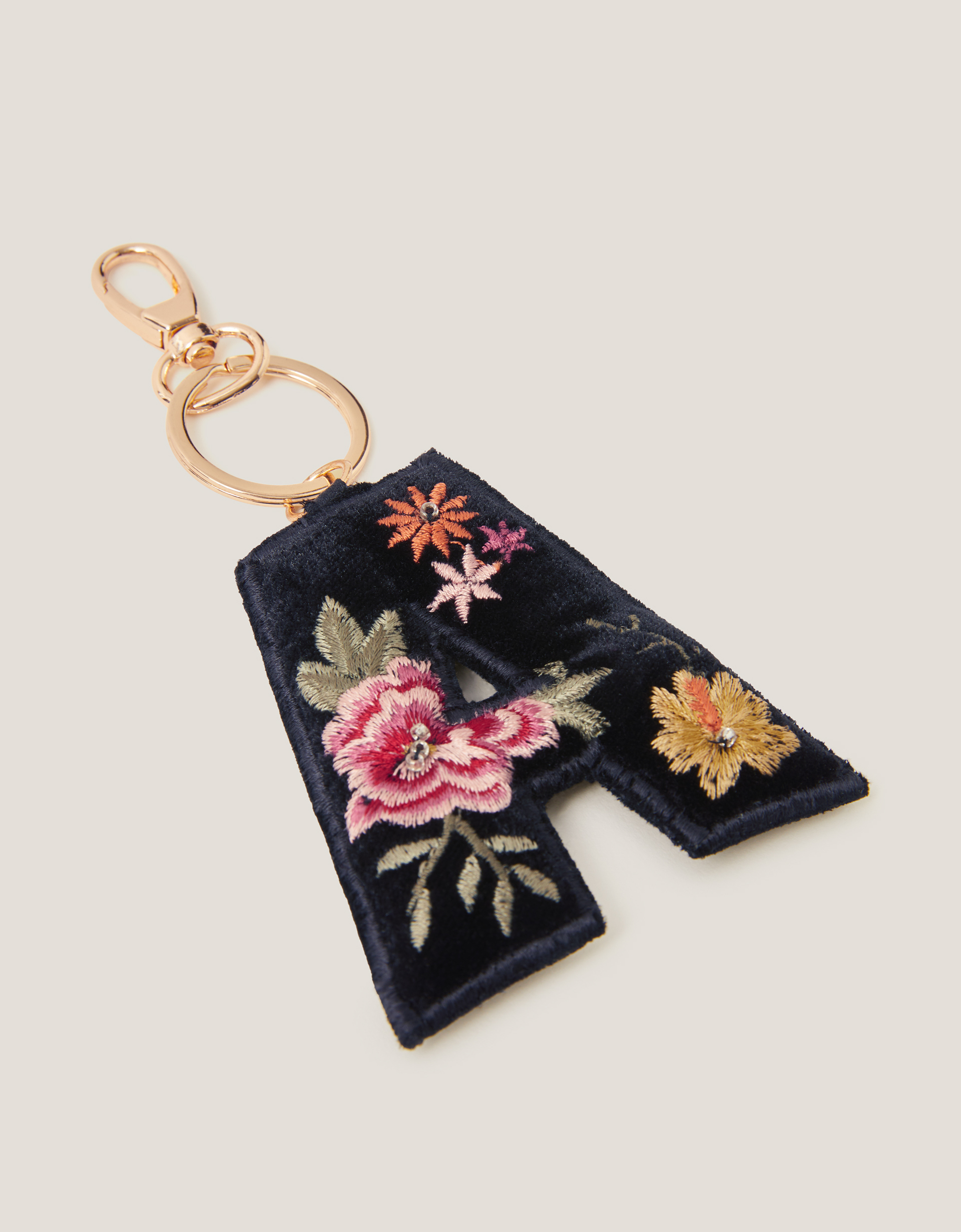 Monsoon Floral Embroidered Initial Keyring in Black, view 3