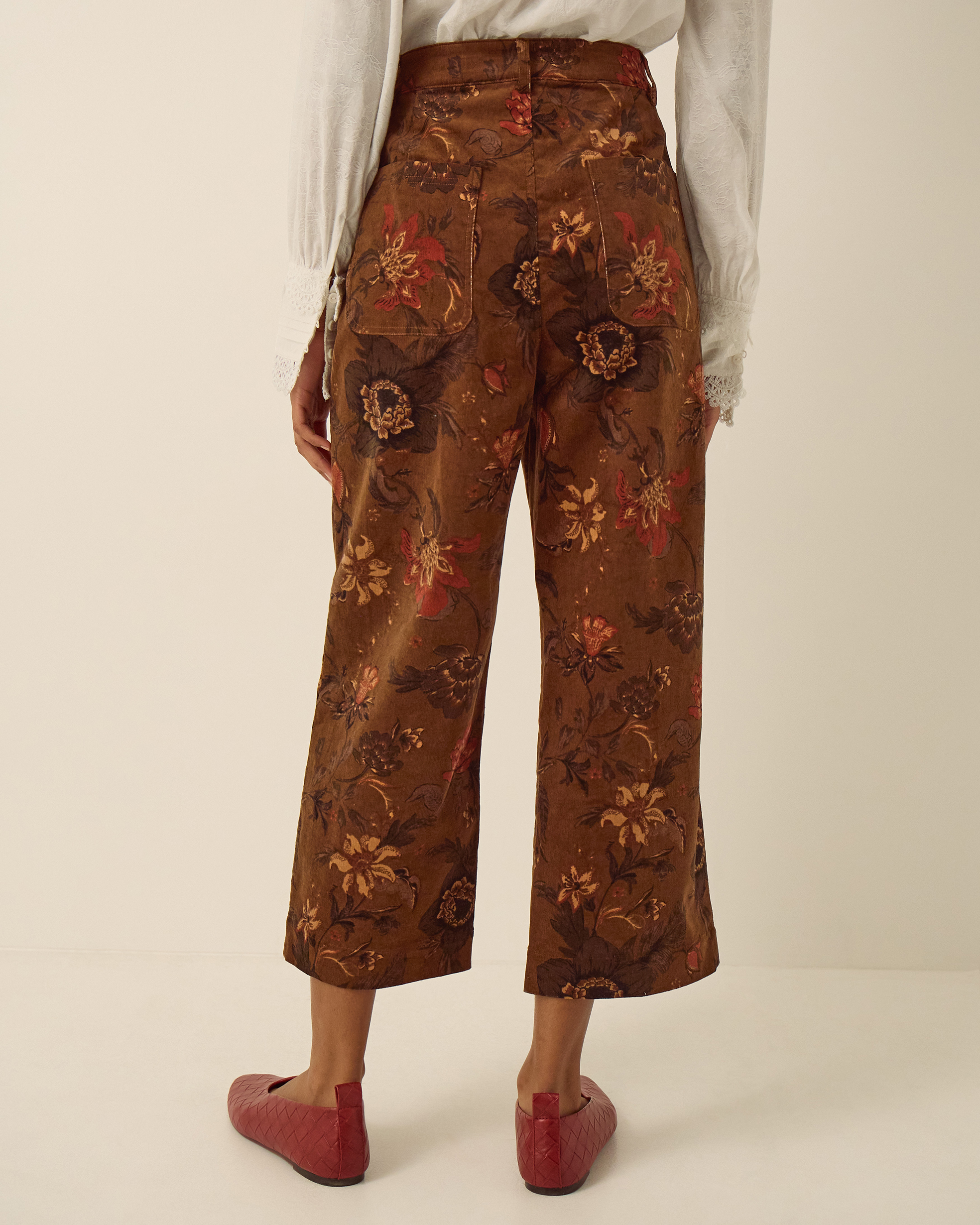 Monsoon Princella High Waisted Cropped Floral Corduroy Trousers, view 3