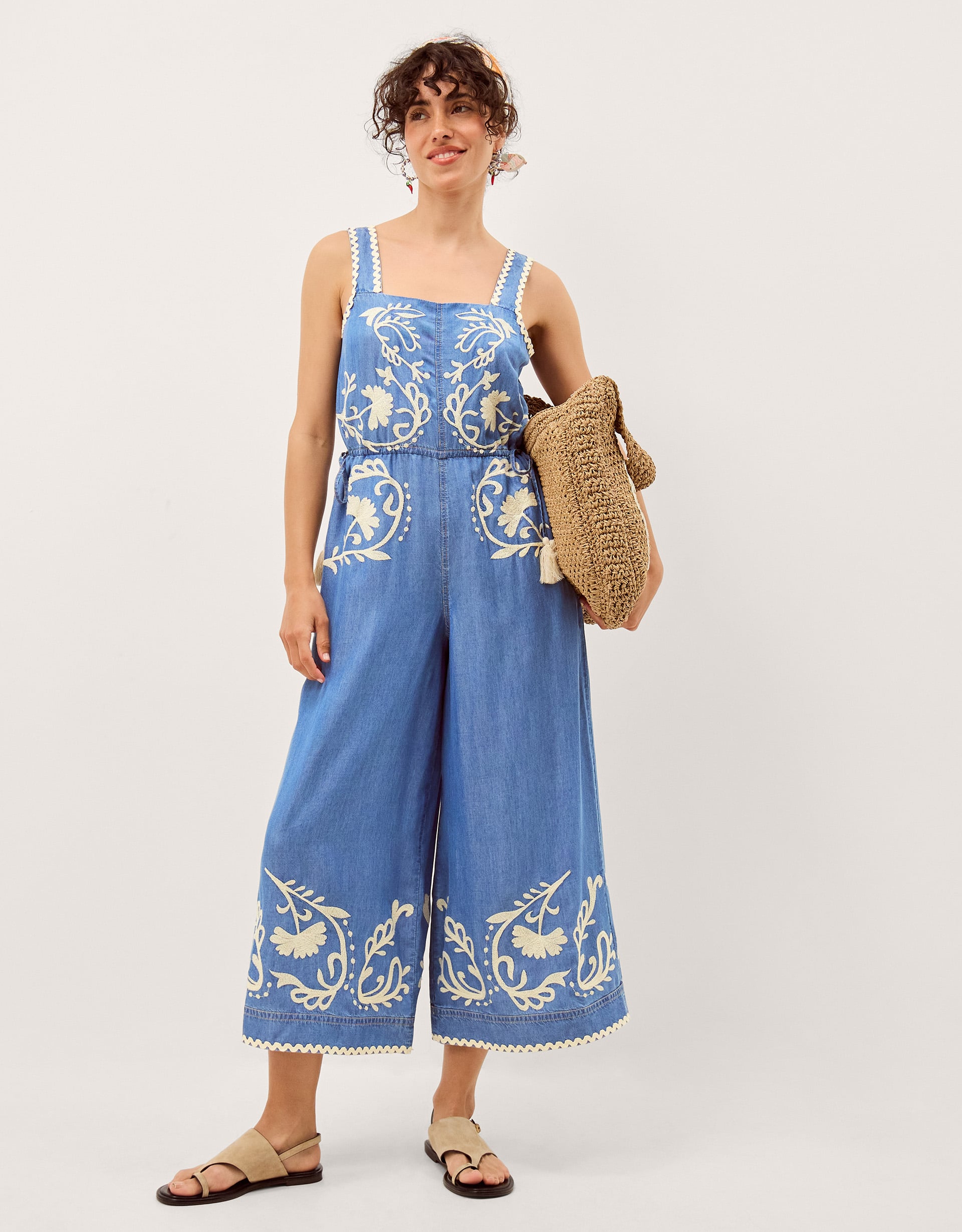 Monsoon Stella Embroidered Denim Culotte Jumpsuit