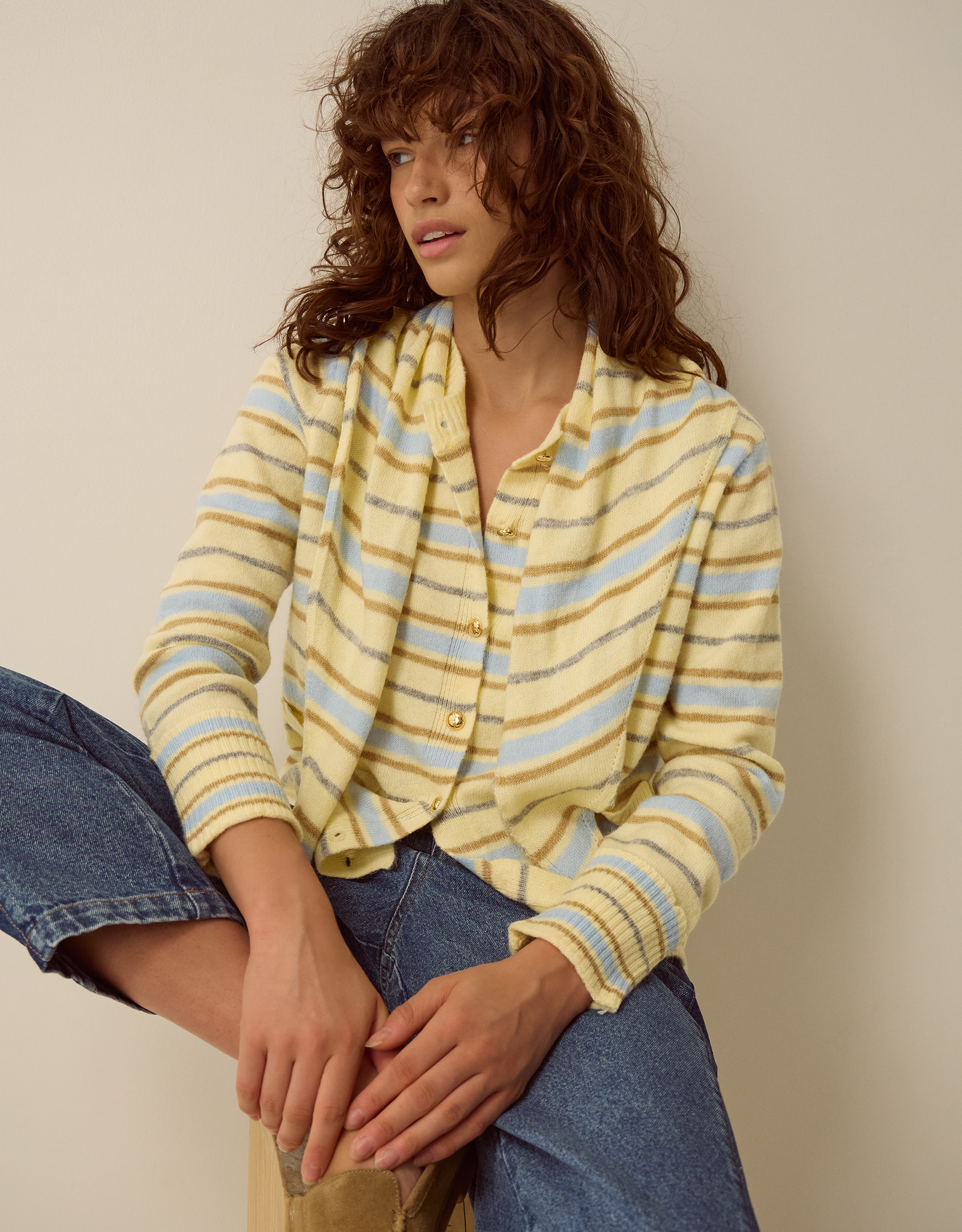 Monsoon Shola Stripe Cardigan & Scarf in Yellow, view 2