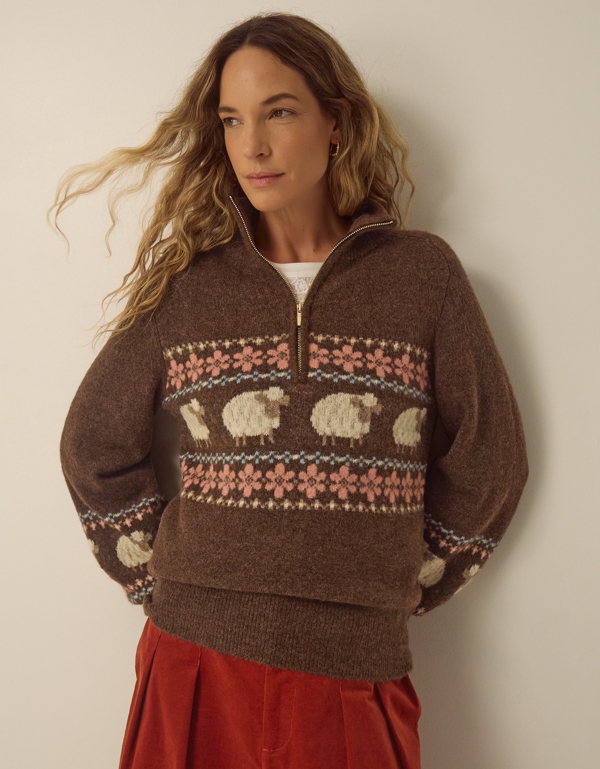 Shona Half Zip Sheep Jumper Brown