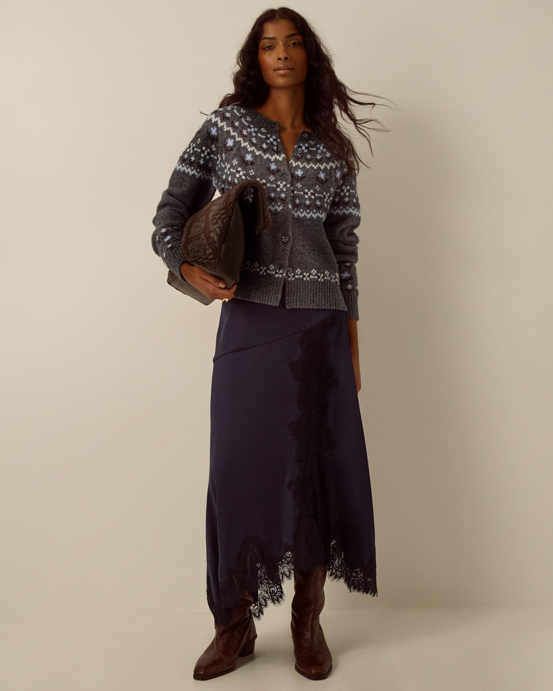 Monsoon Fleur Floral Fair Isle Crew Neck Cardigan, view 4