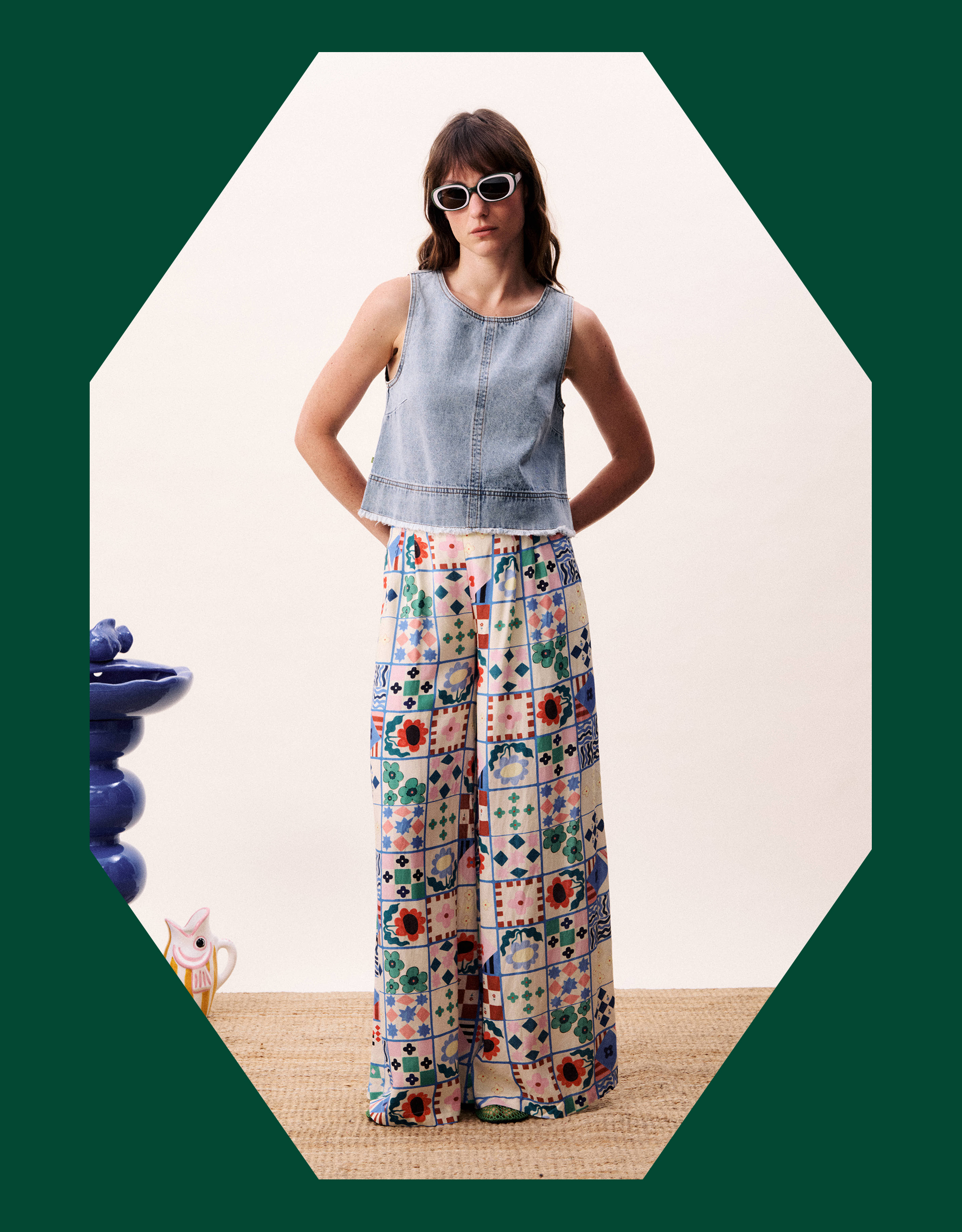 Monsoon FRNCH Egeria Tile Print Wide Leg Trousers