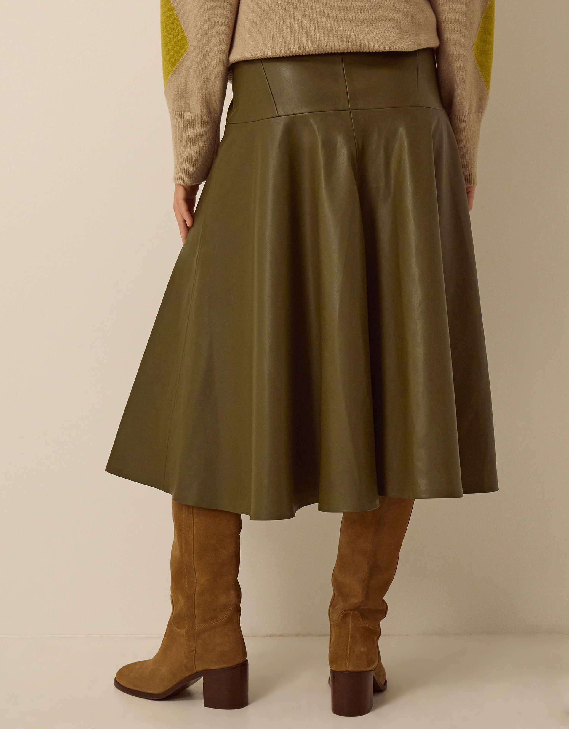 Monsoon Dianne Faux Leather Midi Skirt in Green, view 3