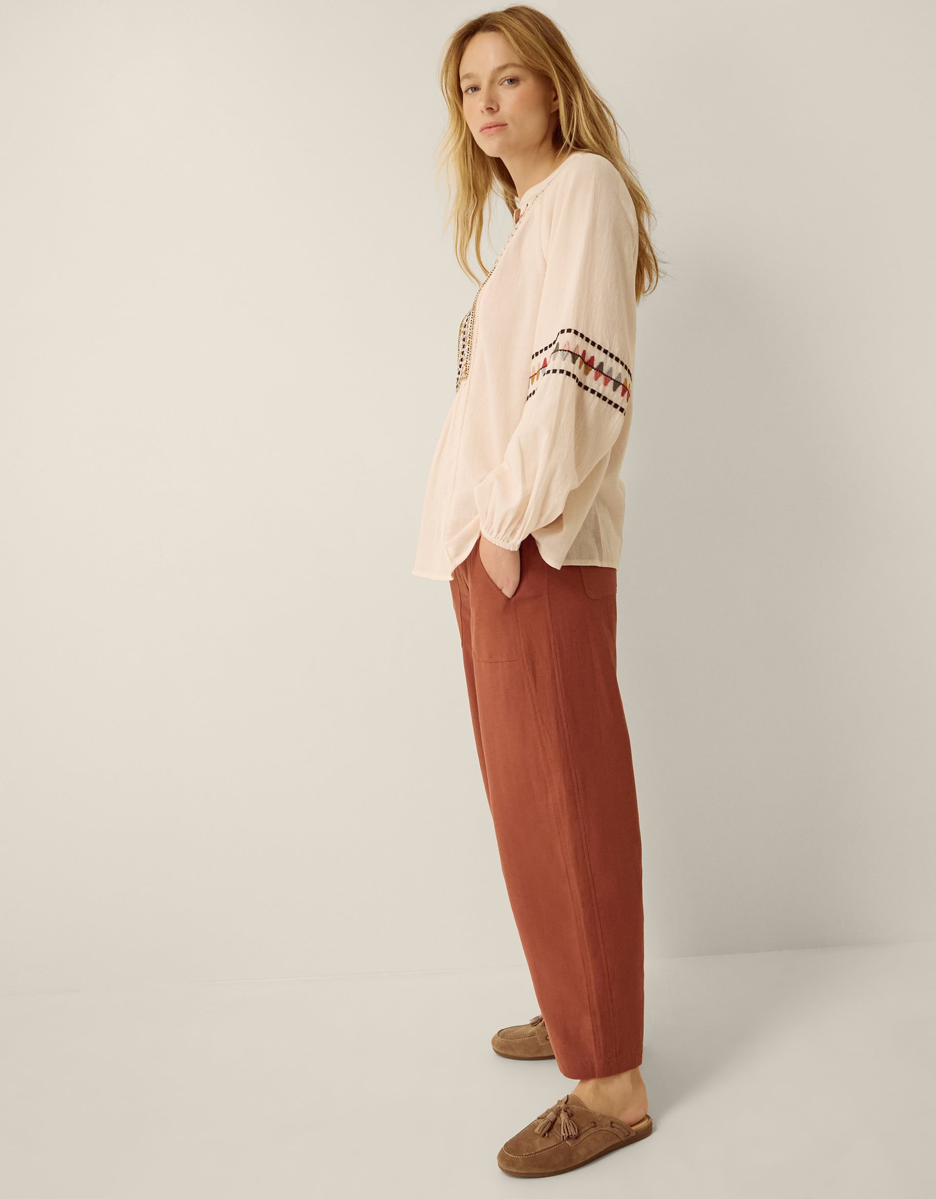 Monsoon Joanie Linen Blend Barrel Trousers in Orange
