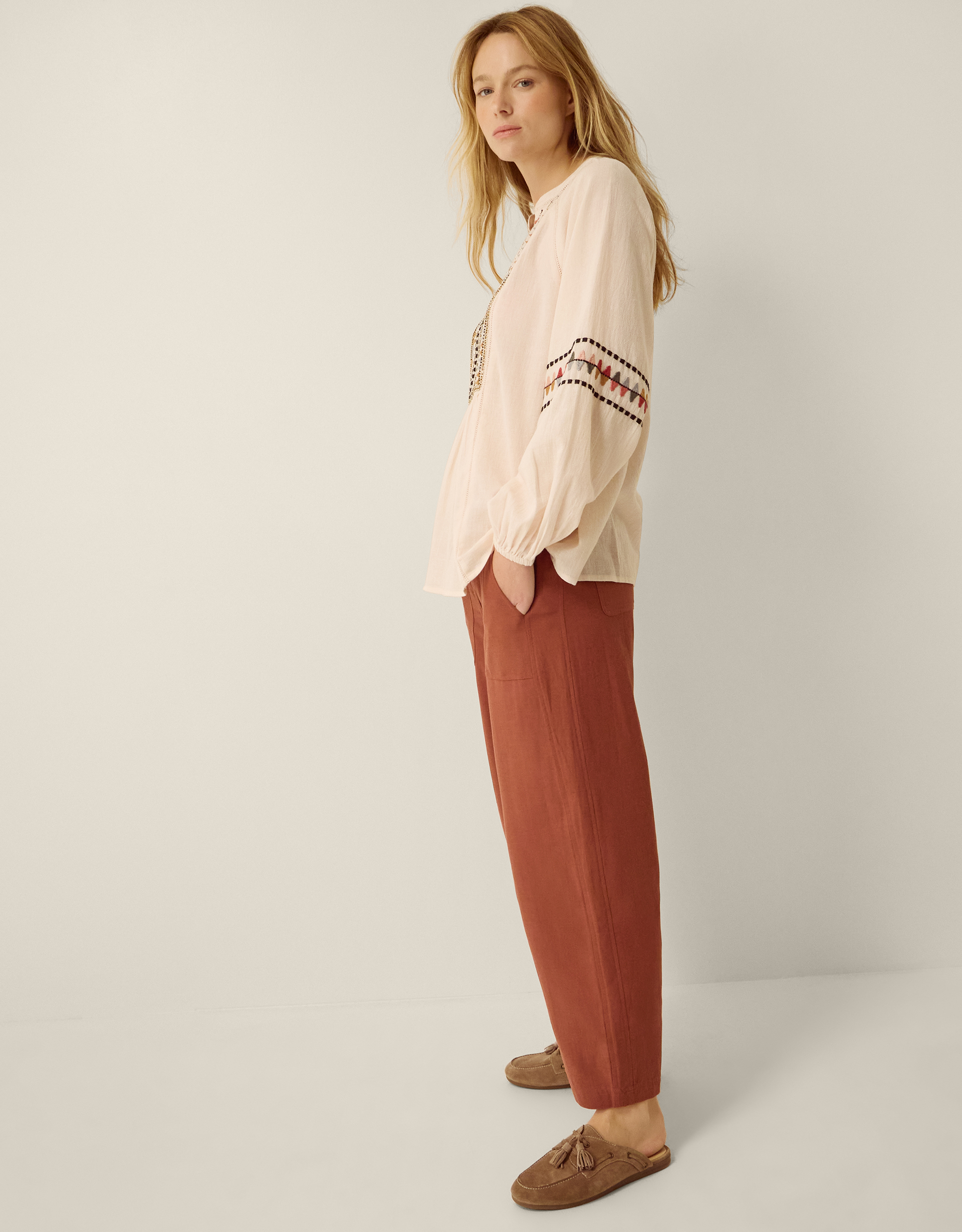 Monsoon Joanie Linen Blend Barrel Trousers in Orange