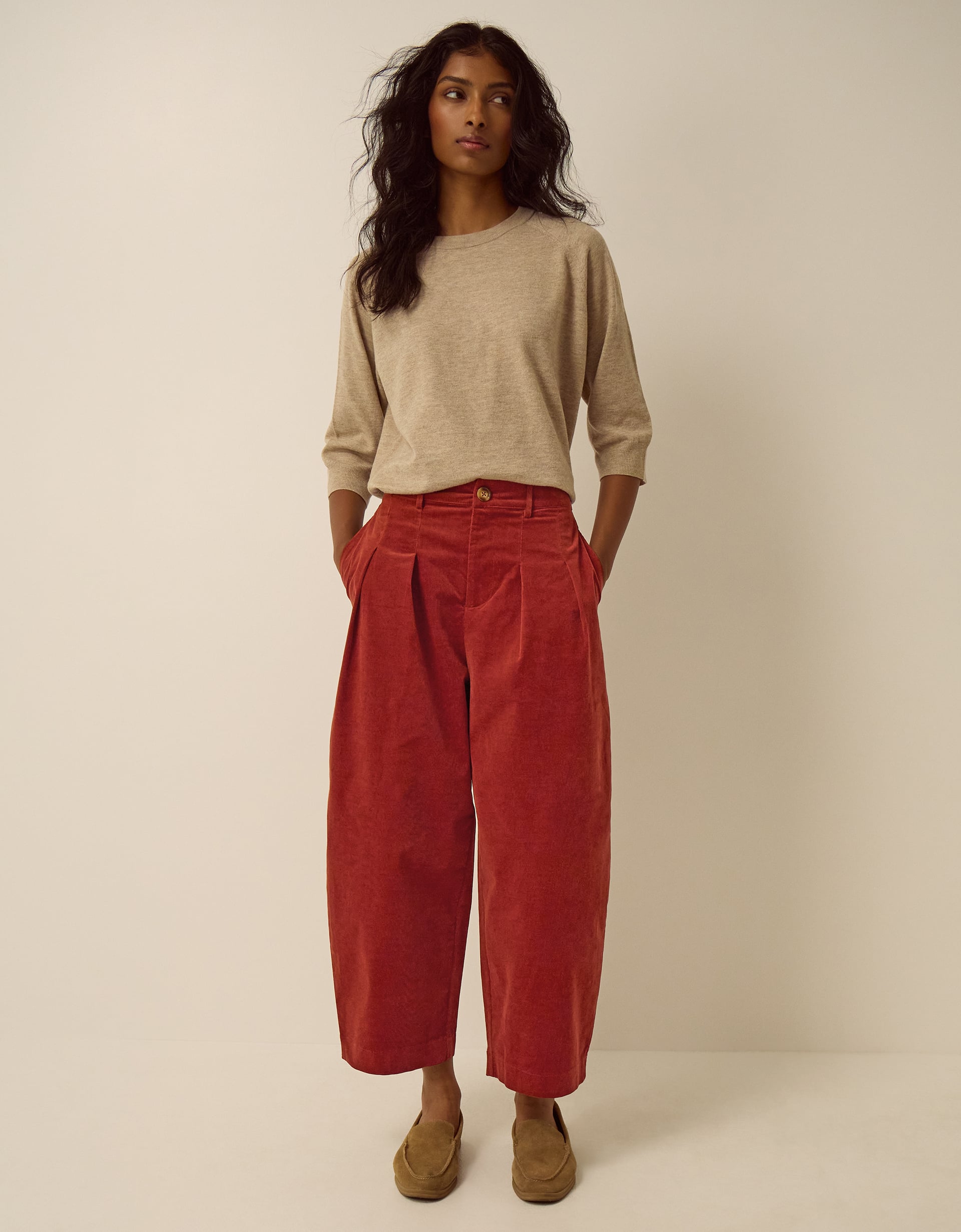 Monsoon Mabel Corduroy Barrel Leg Trousers in cognac