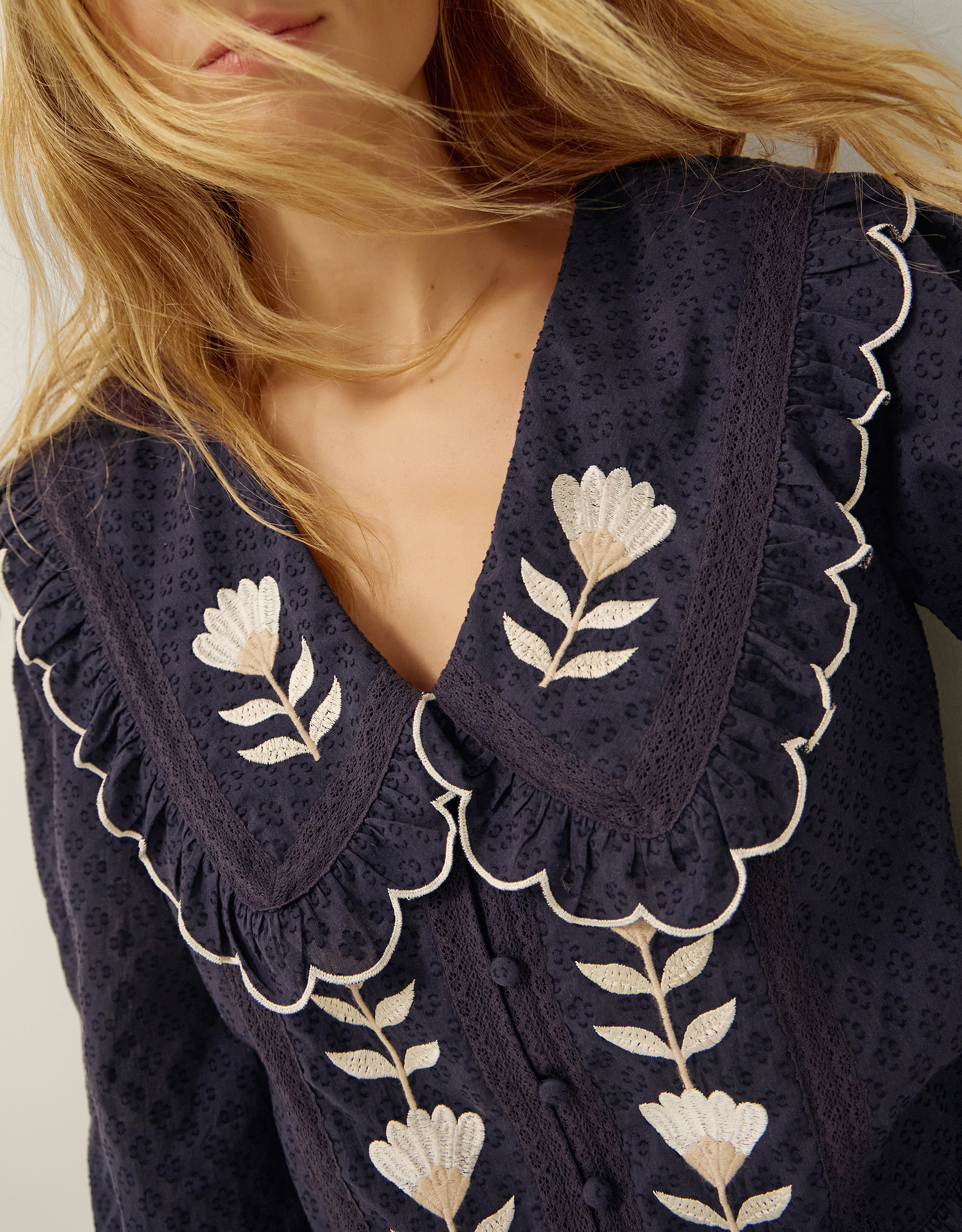 Monsoon Talia Tulip Embroidered Scallop Collar Top Blue, view 2