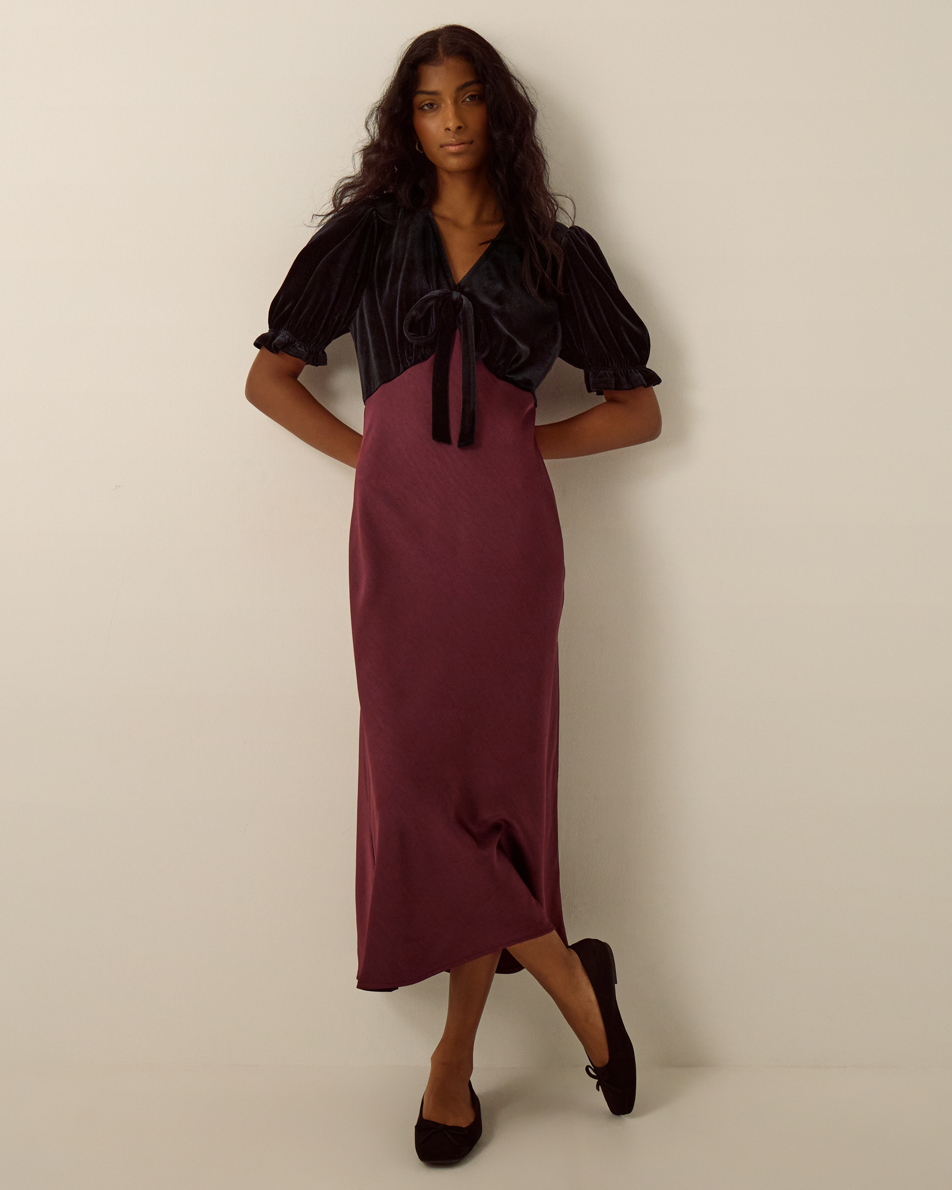Fiona Puff Sleeve Velvet Satin Midi Dress Red