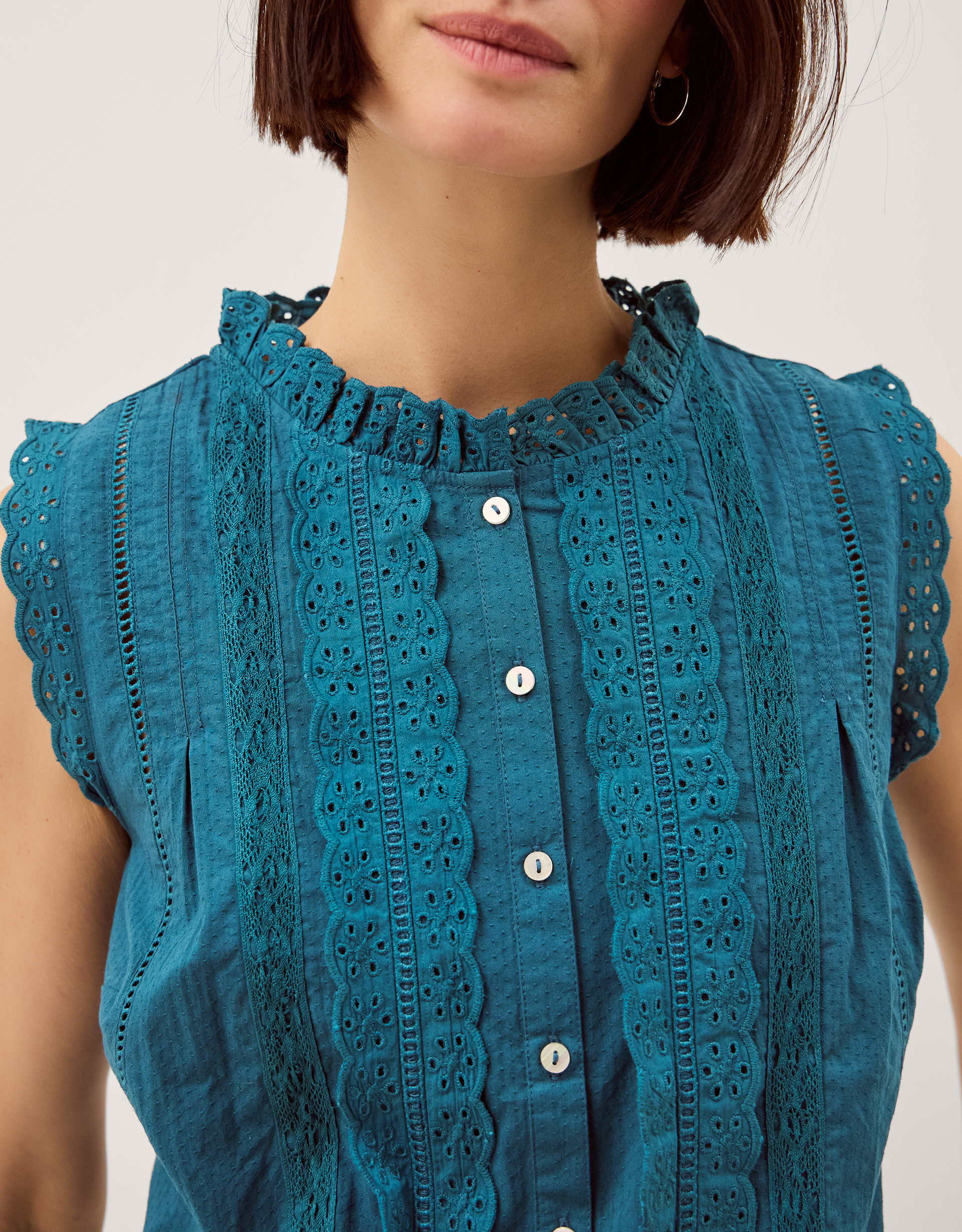 Monsoon Trish Sleeveless Broderie Frill Top in Teal