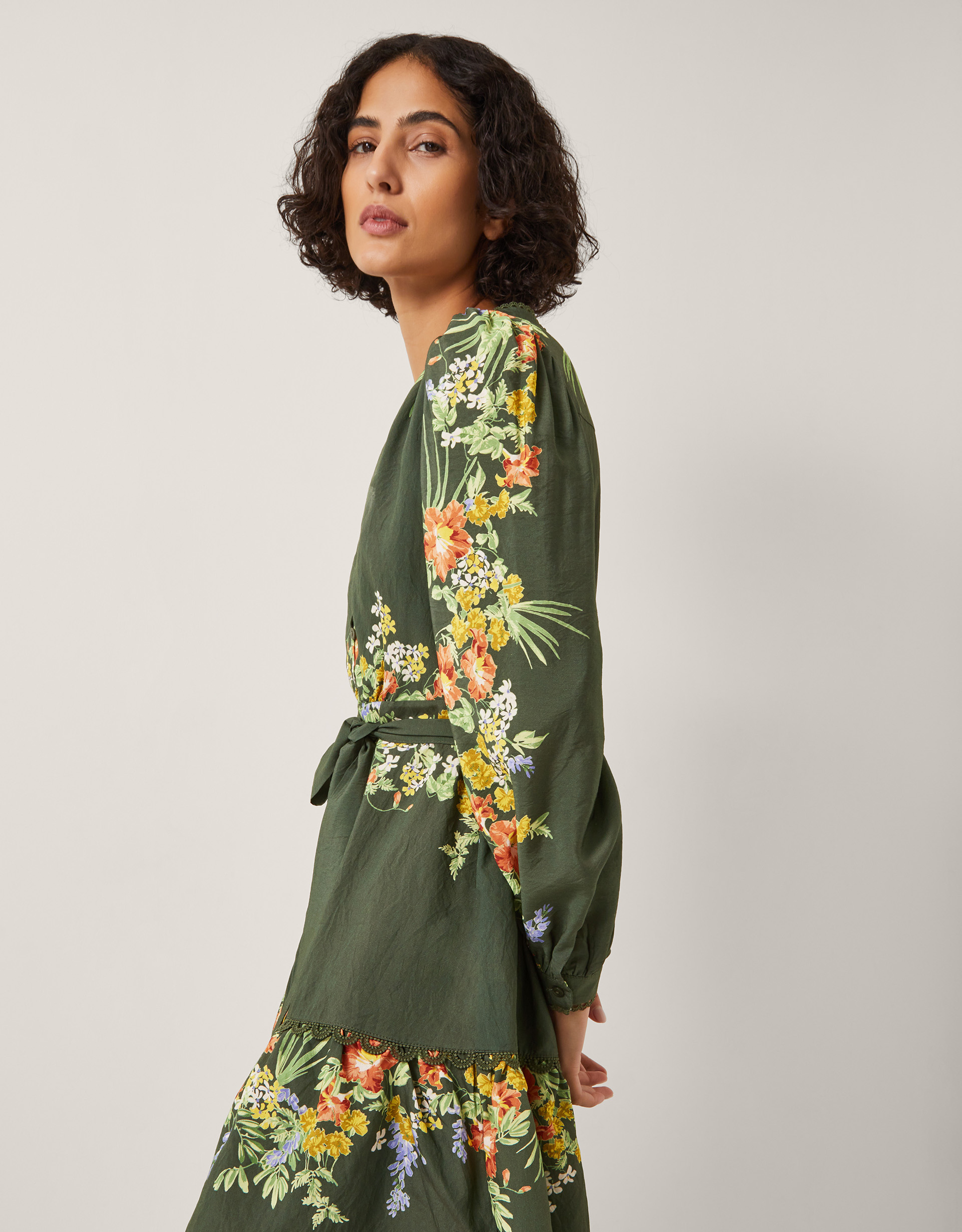 Monsoon Green & Yellow Viscose Floral Print Jesse Long Sleeve Mini Dress, view 4