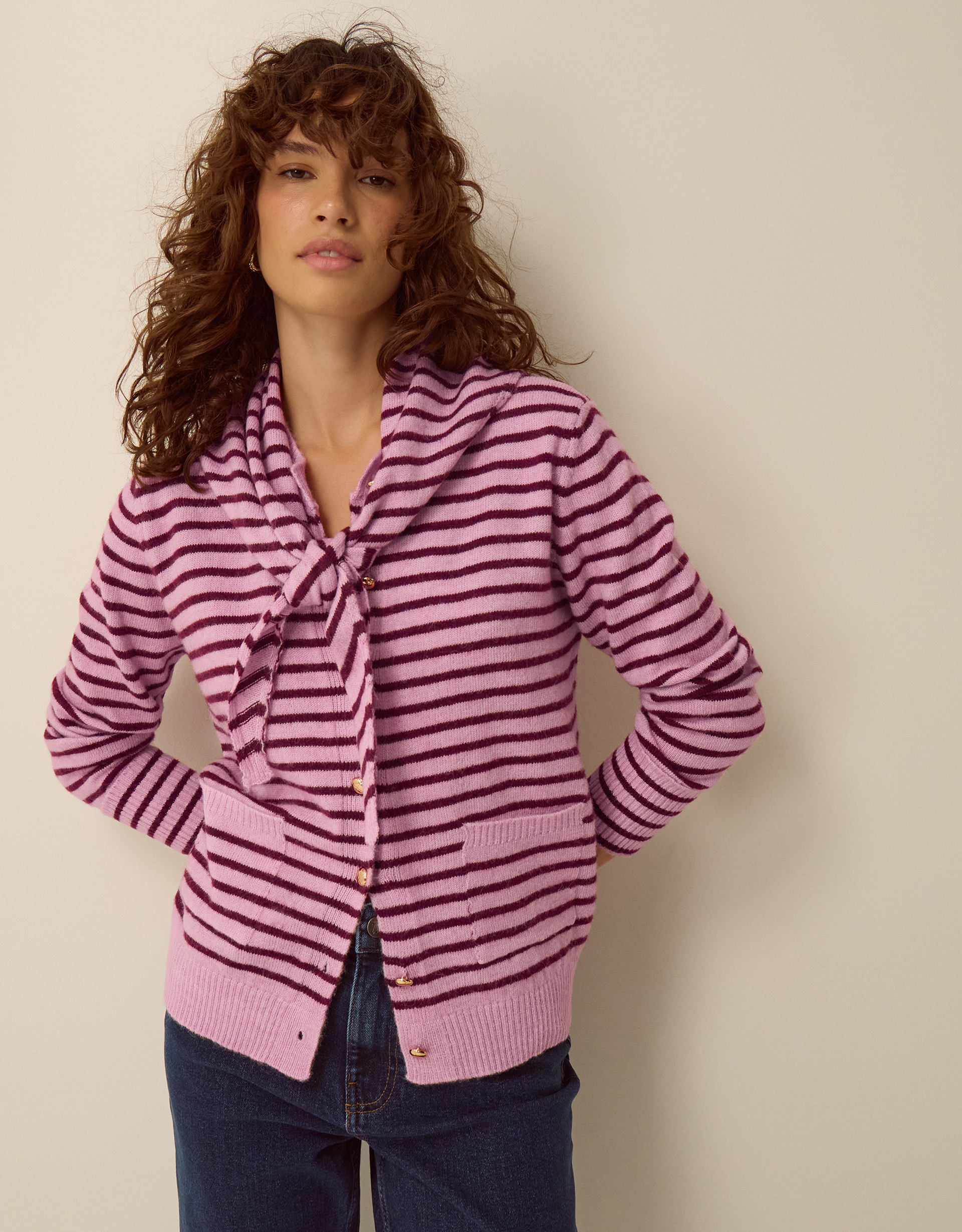 Monsoon Shola Stripe Cardigan & Scarf in Pink