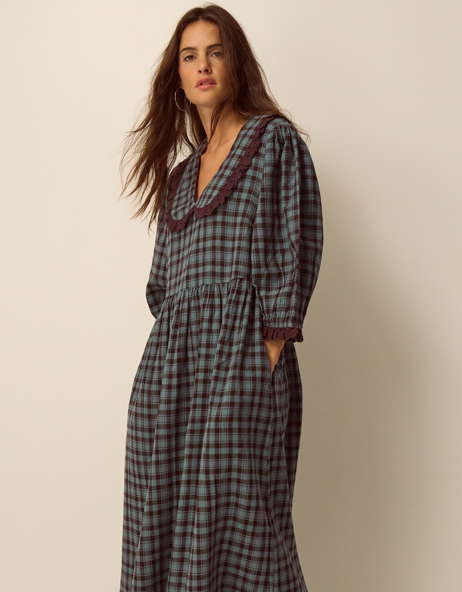 Monsoon Ruby Collar Check Print Midi Dress, view 2