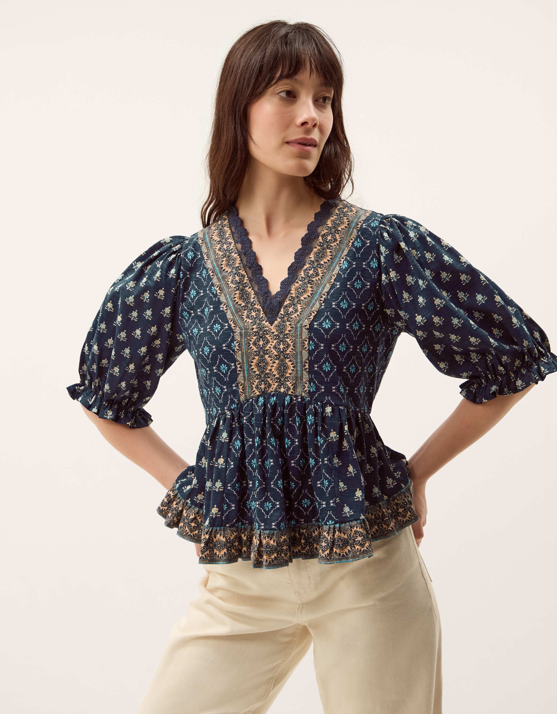 Monsoon Stacee Puff Sleeve Print Jersey Top, view 2