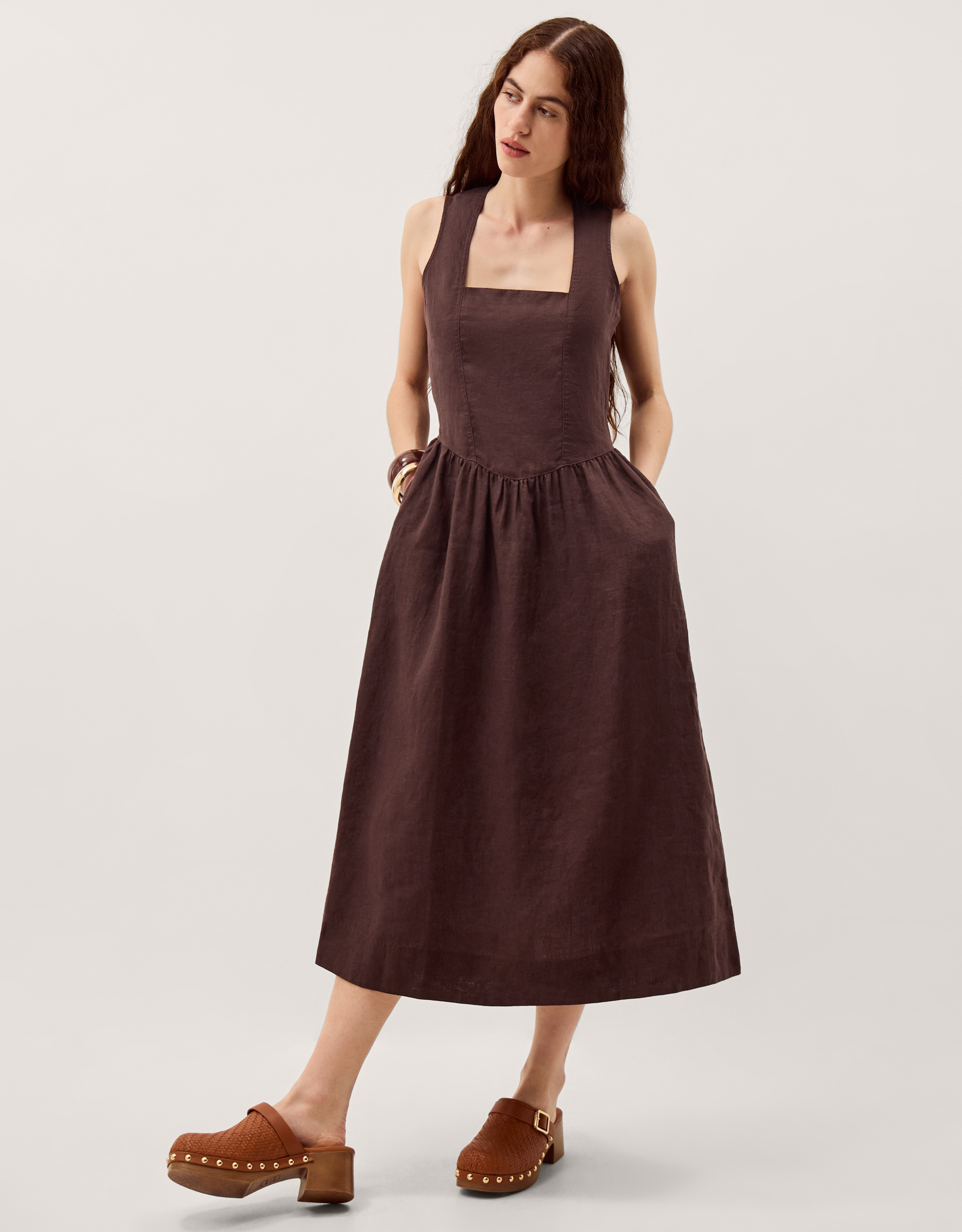 Monsoon Lily Square Neck Linen Midi Dress