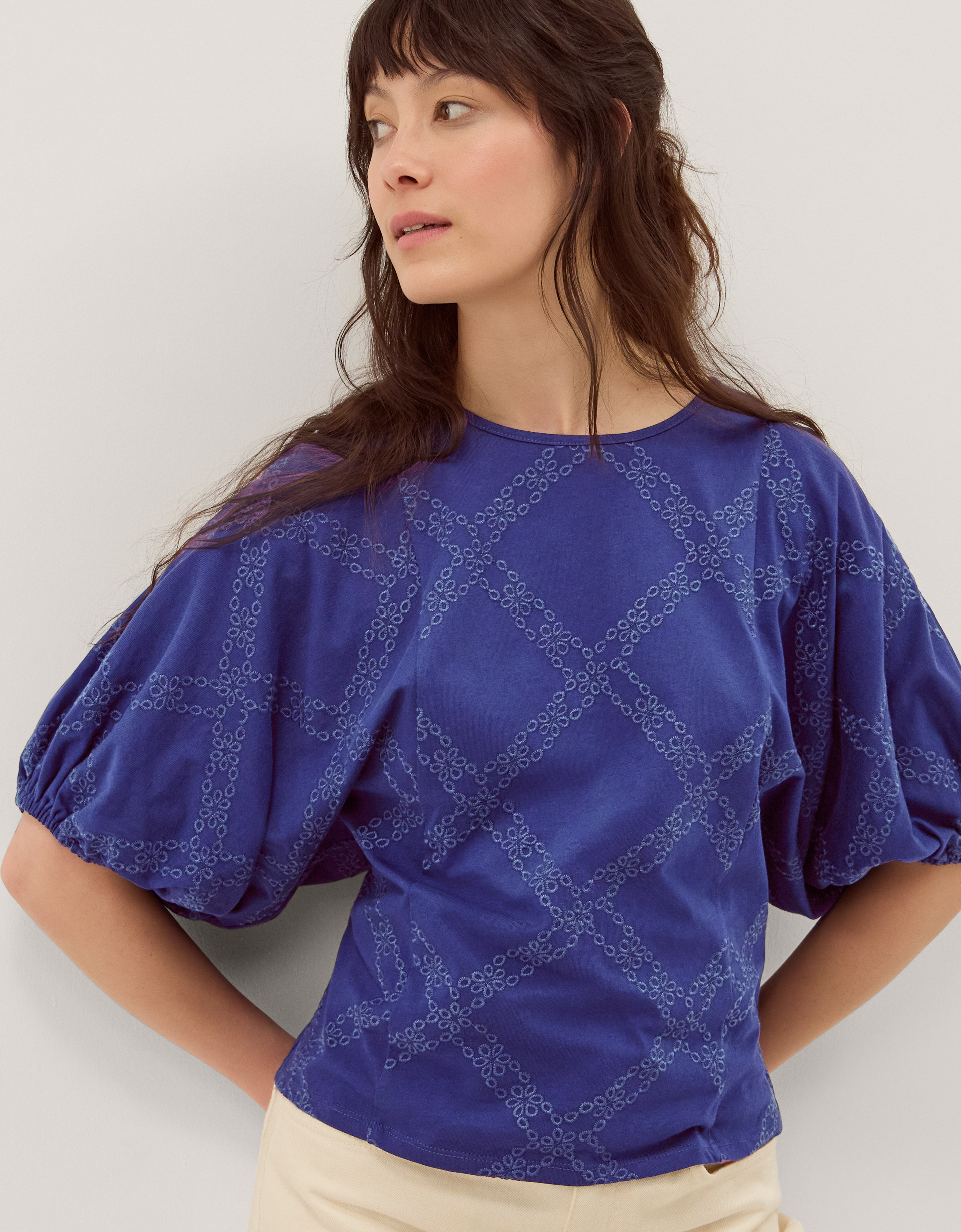 Monsoon Ellie Puff Sleeve Embroidered Jersey Top in Blue