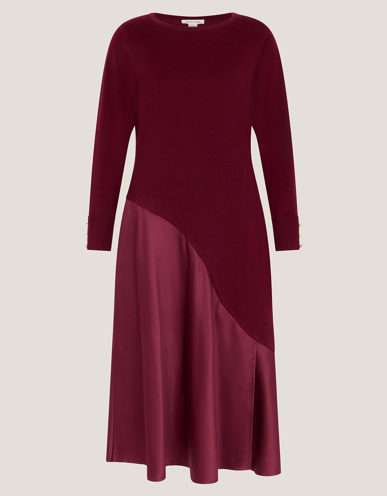 Monsoon Saz Asymmetrical Mix Satin Midi Dress Red, view 5